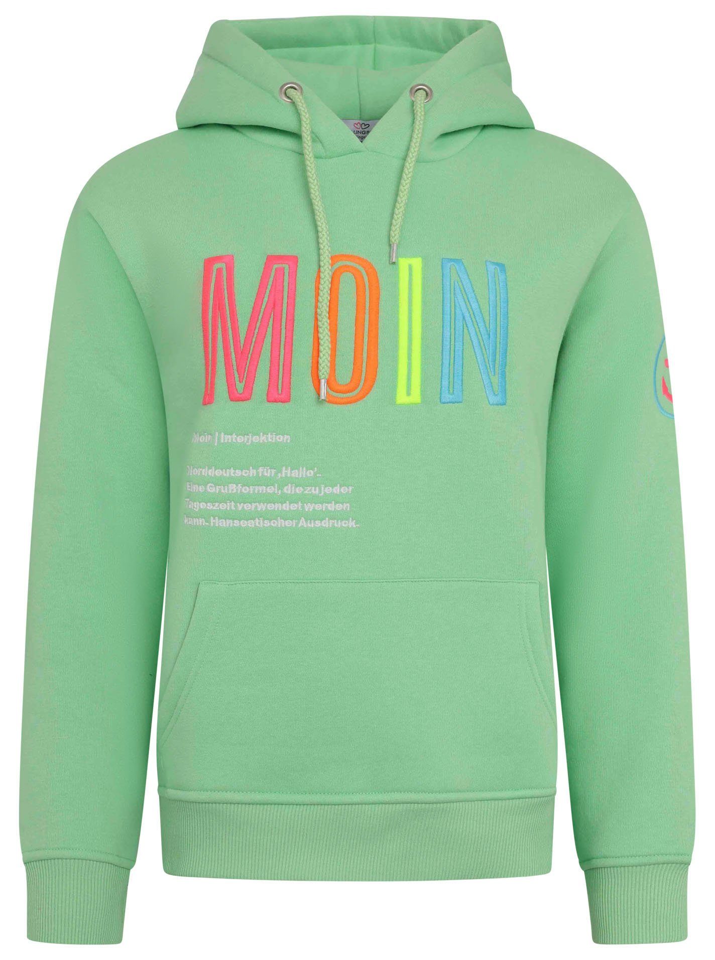 Zwillingsherz Sweatshirt met geborduurd moin-opschrift in neonkleuren
