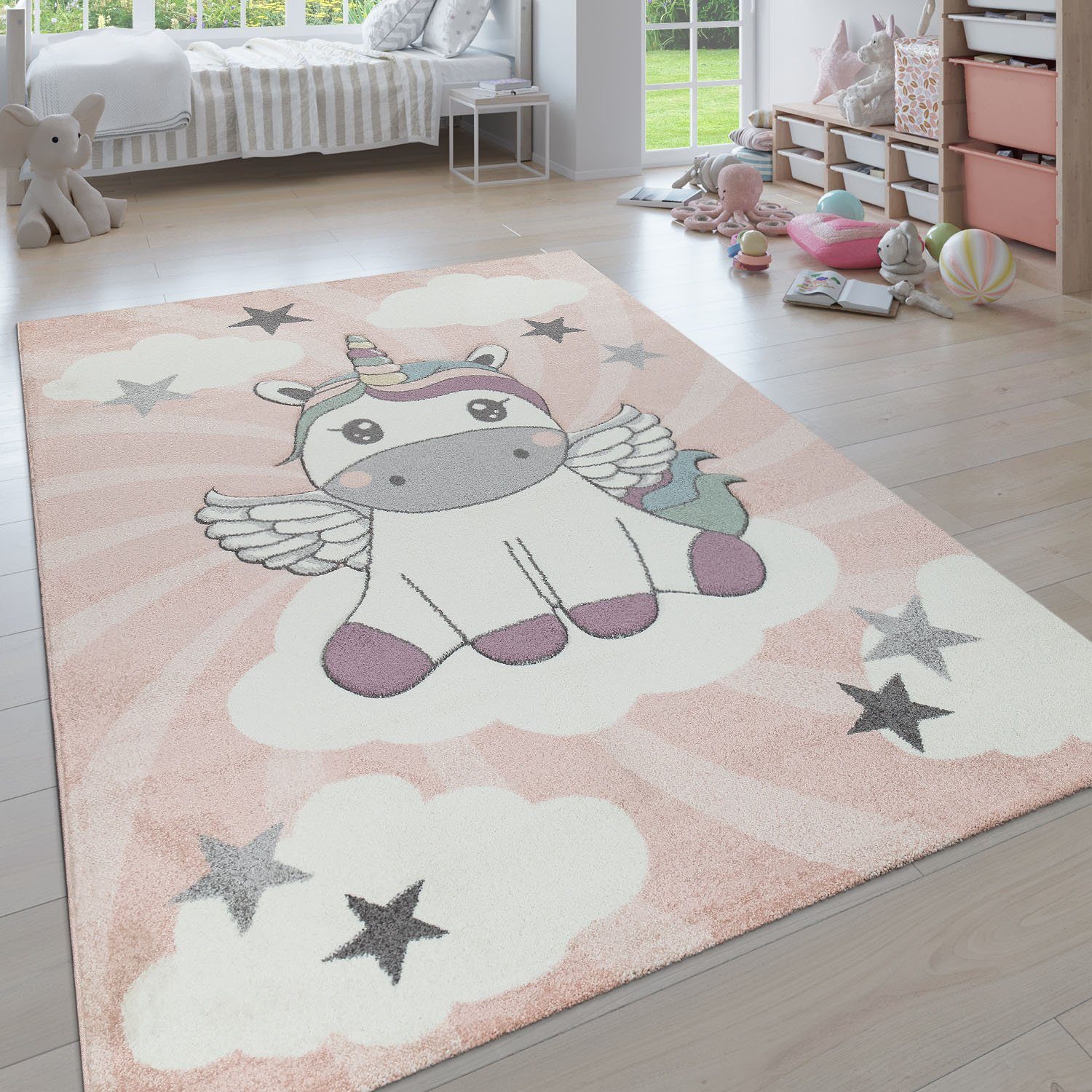 Paco Home Kindervloerkleed Cosmo 395 3d-design, schattige eenhoorn motief, pastelkleuren, kinderkamer