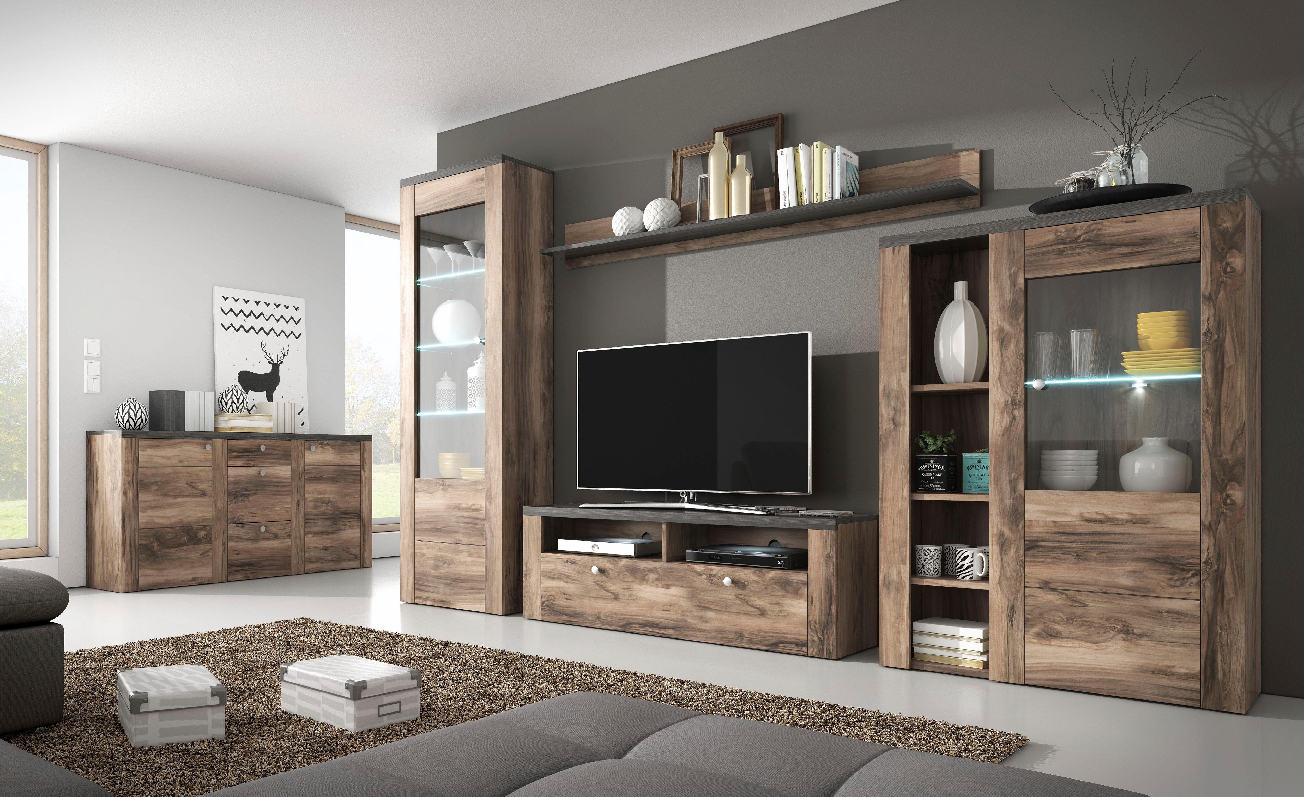 Home affaire Wandmeubel Larona, aanbouwwand, set van 4 delen bestaande uit 1 tv-board, 1 highboard, 1 vitrine, 1 wandplank (set, 4 stuks)