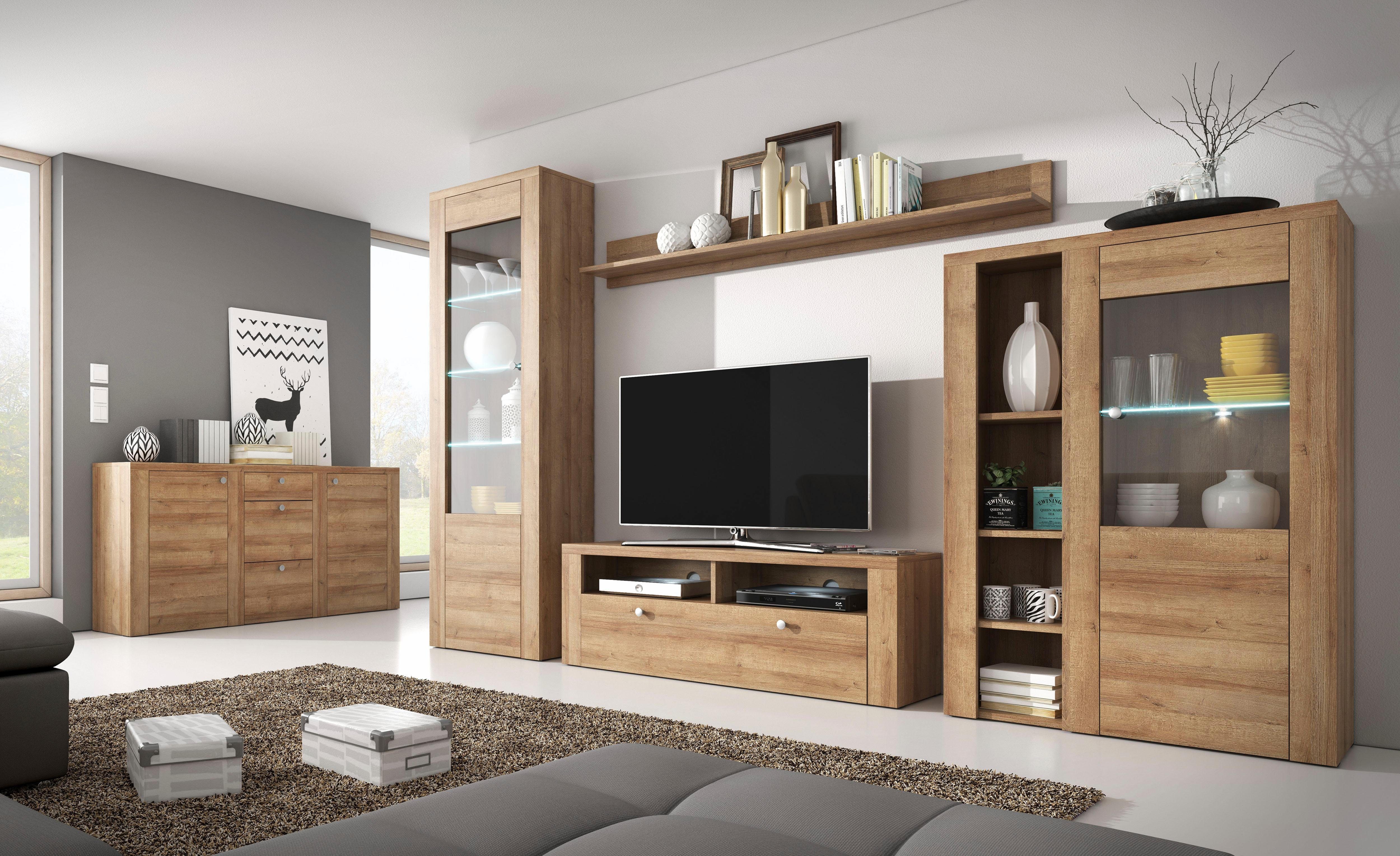 Home affaire Wandmeubel Larona, aanbouwwand, set van 4 delen bestaande uit 1 tv-board, 1 highboard, 1 vitrine, 1 wandplank (set, 4 stuks)