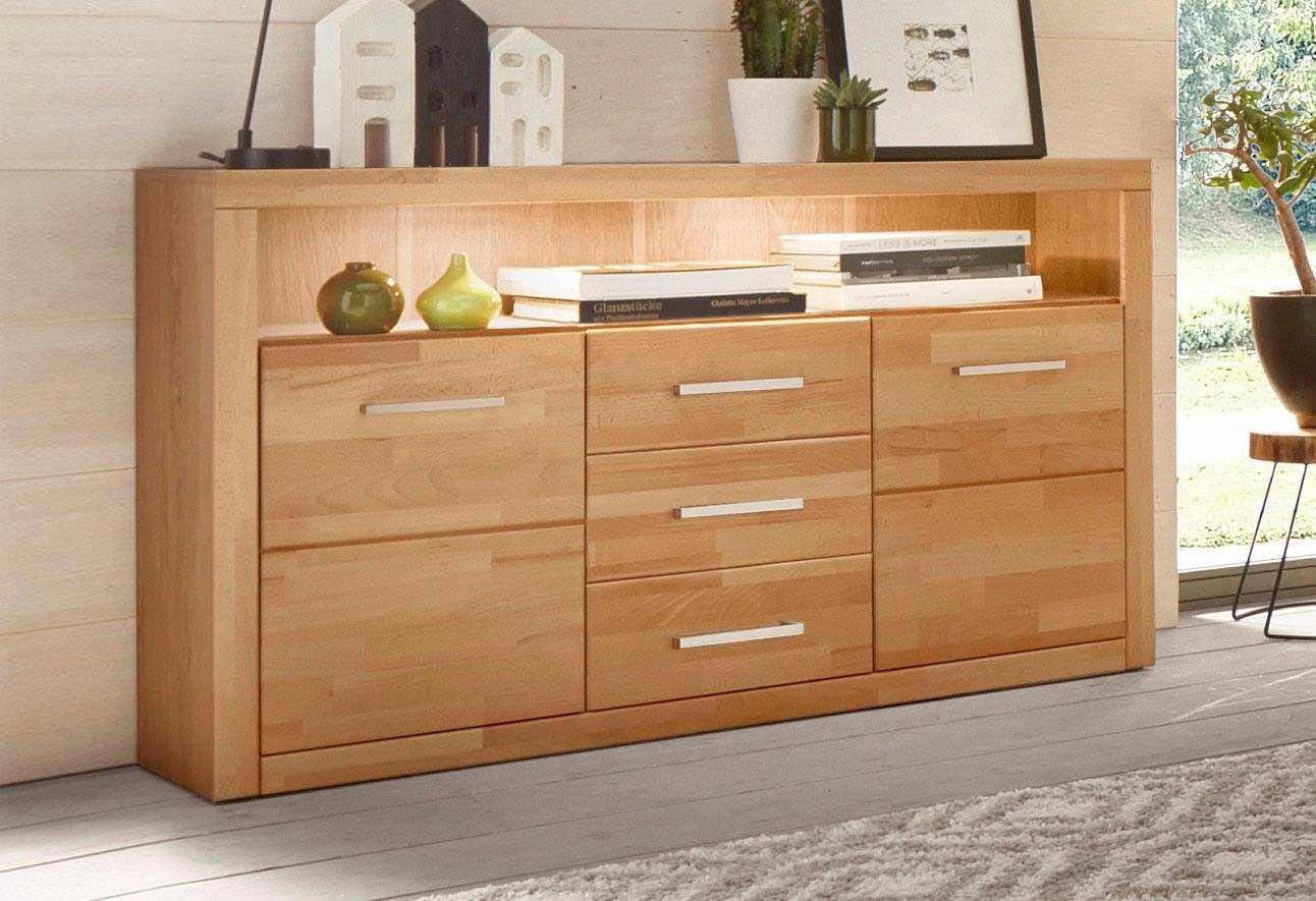 Home affaire Dressoir Ribe,130cm breit, Fronten Massivholz,5 Fächer Breedte 130 cm dressoirs maat 130x35x80 cm beige