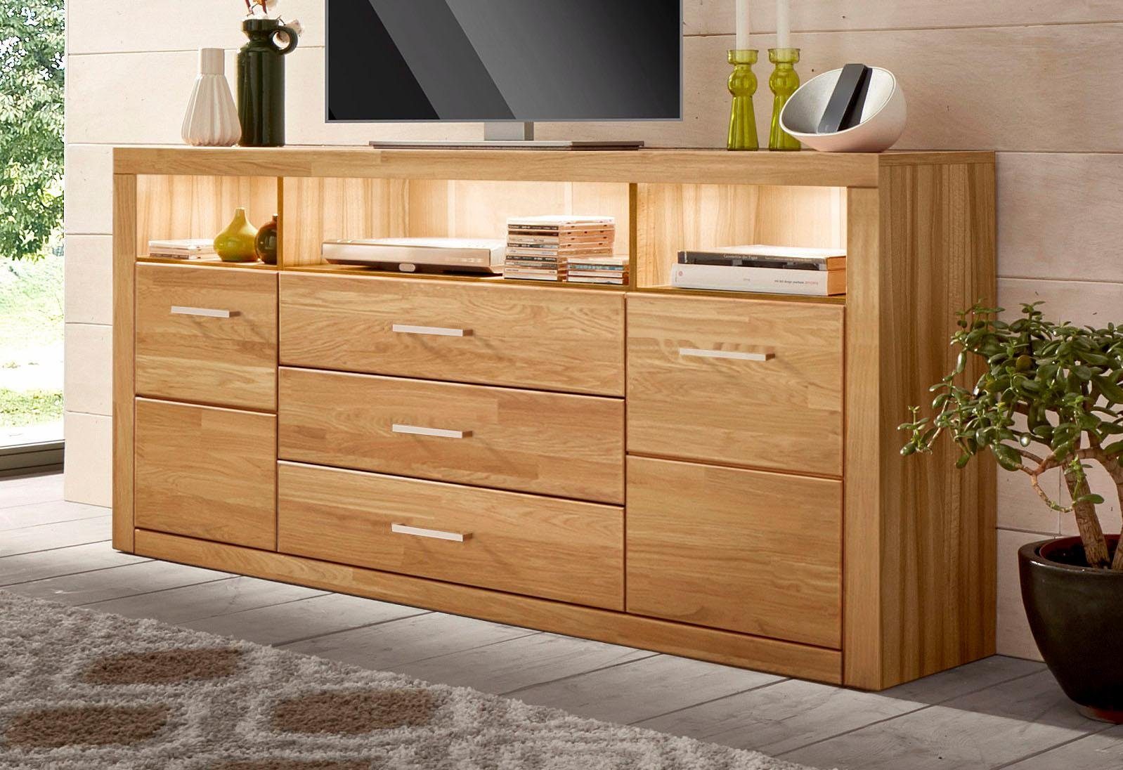 Home affaire Dressoir Ribe, 180cm breed, fronten massief hout, 7 vakken dressoirs maat 180x35x80 cm bruin