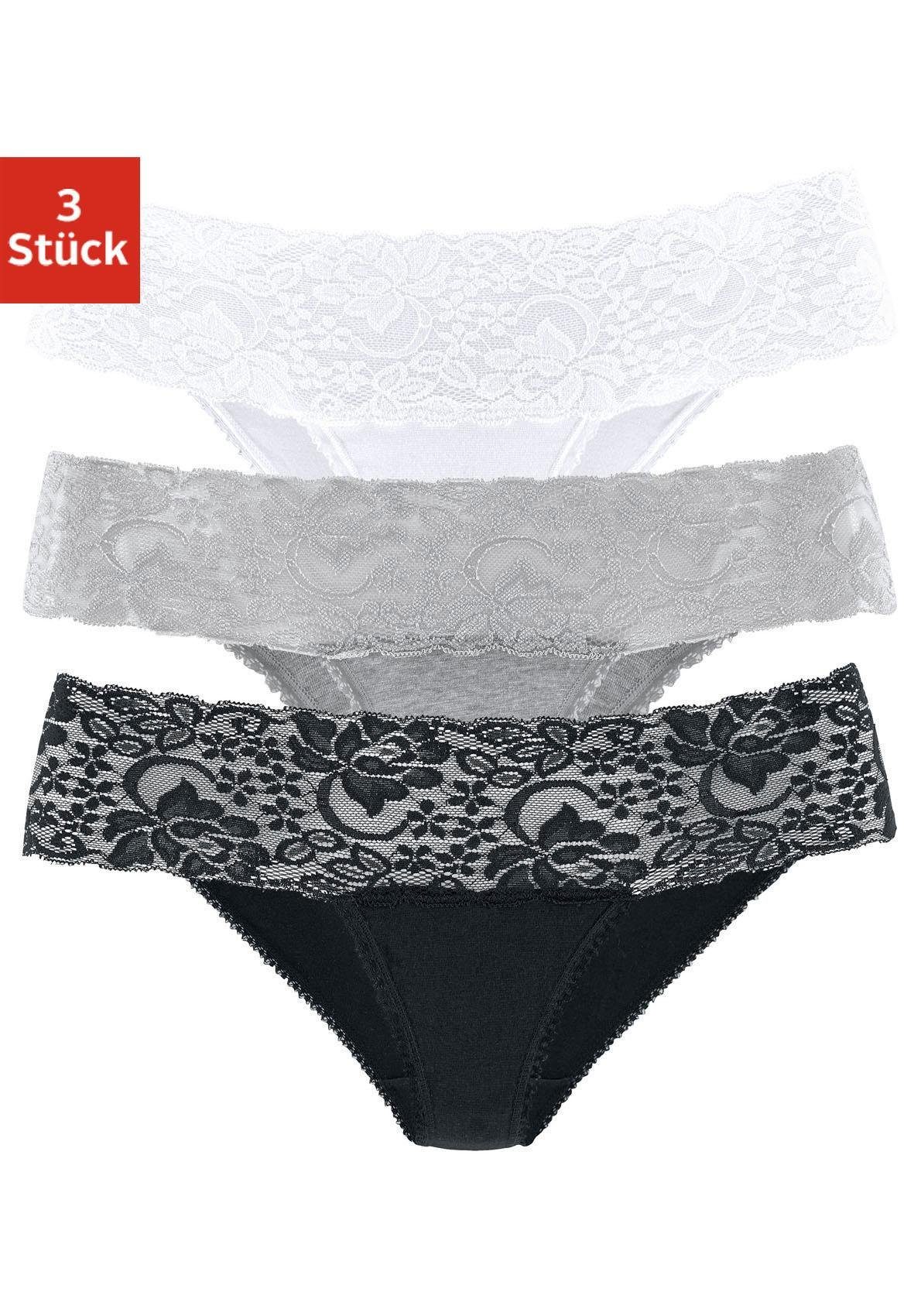 Vivance Brazilian slip van elastische katoen met florale kant (3 stuks)