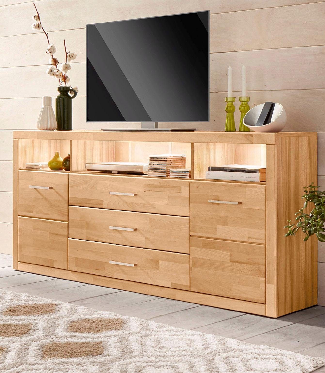Home affaire Dressoir Ribe, 180cm breed, fronten massief hout, 7 vakken Hout massief, houtmateriaal, metalen handgrepen, 2 deuren, 3 laden dressoirs