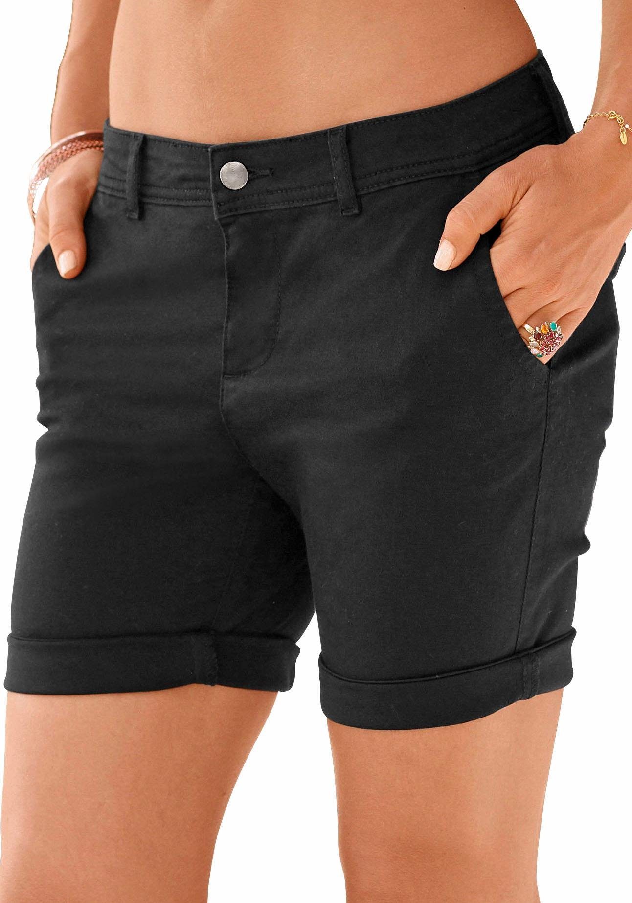 lascana bermuda om op te rollen, van elastisch katoen, korte broek, shorts zwart