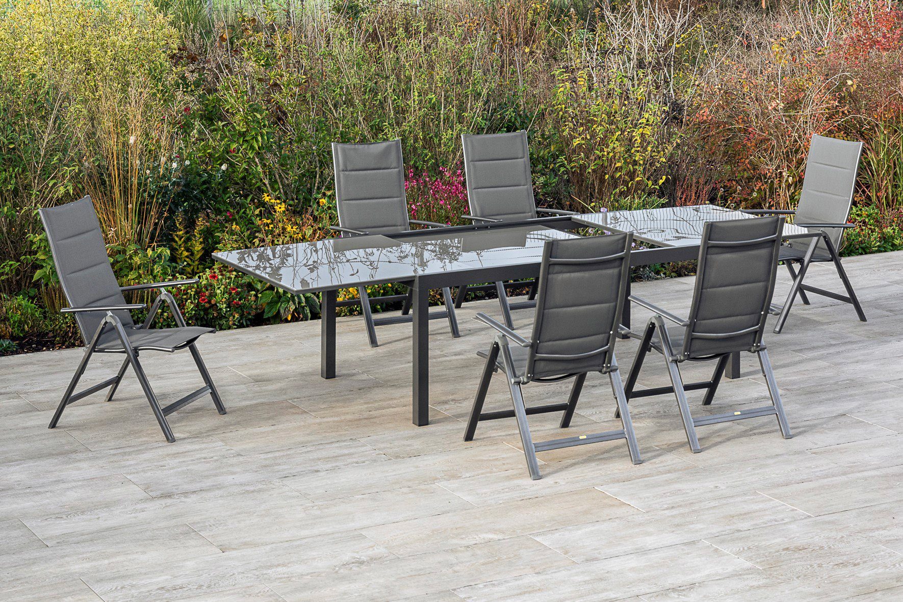 MERXX Tuin-eethoek Taviano 6 klapstoelen, 5-voudig verstelbaar, uitschuifbare tafel (set, 7-delig) tuinsets