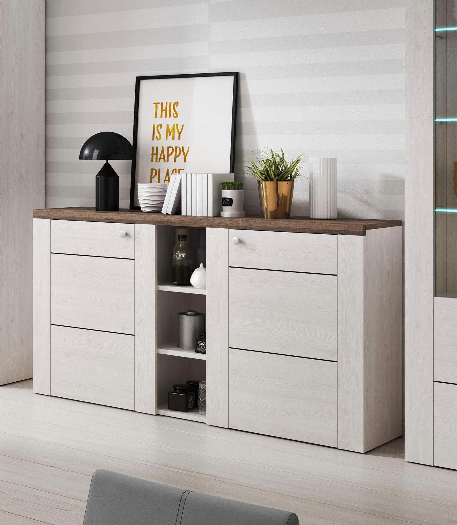 Home affaire Dressoir Larona, tijdloze commode met 2 deuren, deurkast, breedte 155 cm, Hoogte 84 cm, veel opbergruimte, dressoir met decoratieve