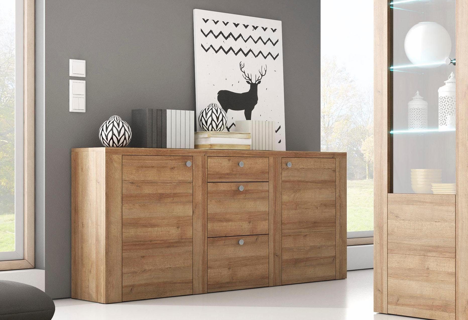 Home affaire Dressoir Larona, tijdloze commode met 2 deuren, 3 lades, deurkast, Hoogte 84 cm, veel opbergruimte, dressoir met decoratieve lijstlook