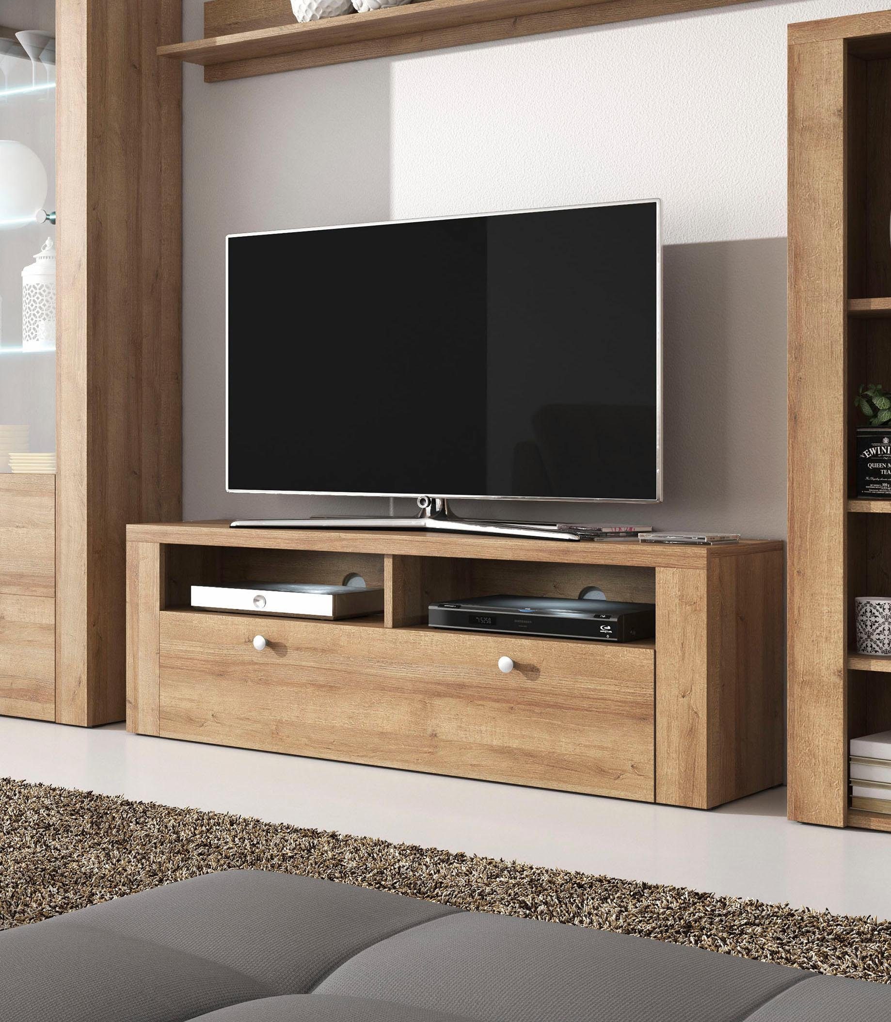 Home affaire Tv-meubel Larona, tijdloos TV-meubel met 1 klep en 2 open vakken Breedte 140 cm, tv-meubel, veel opbergruimte, decoratieve frame-look