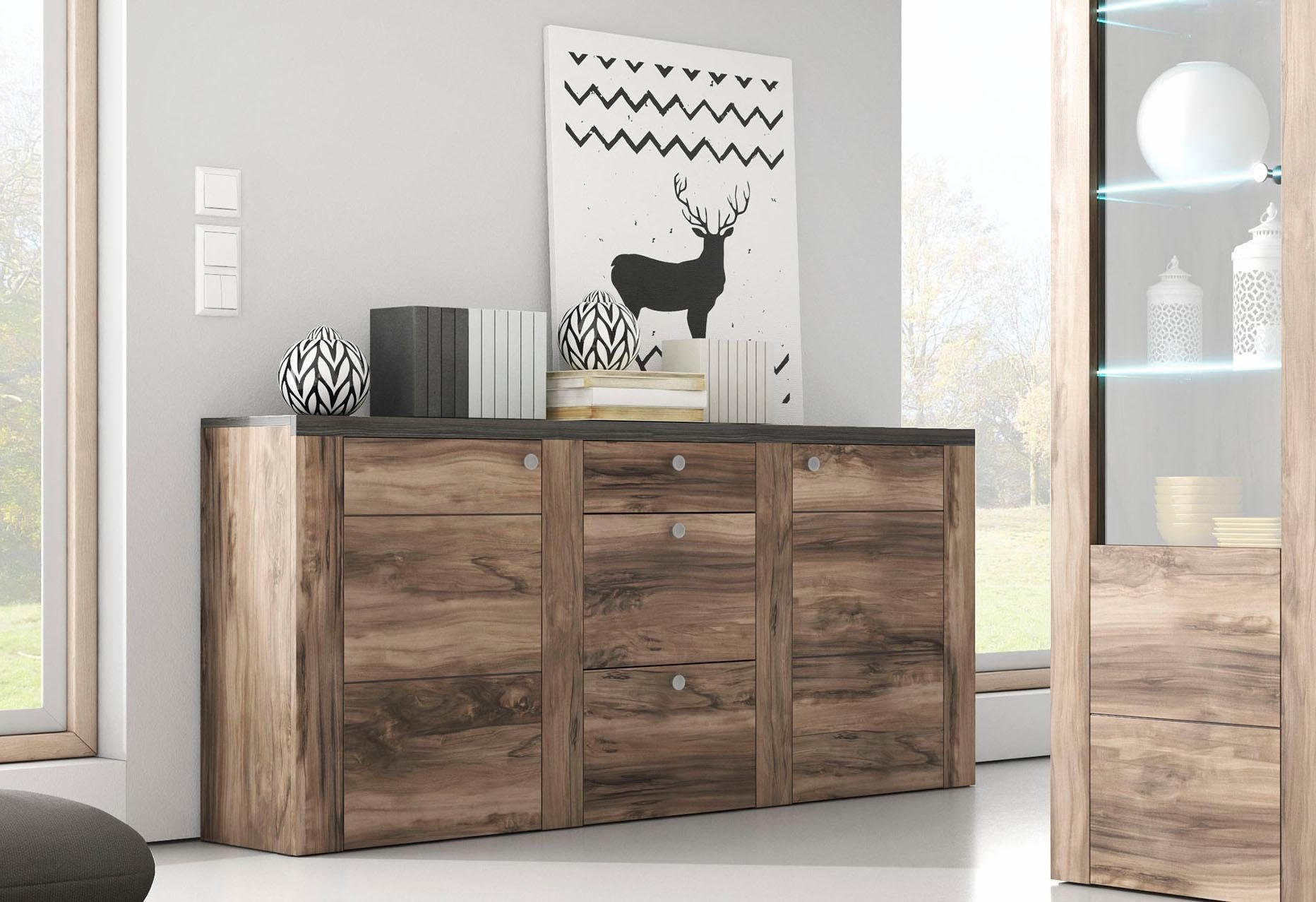 Home affaire Dressoir Larona, tijdloze commode met 2 deuren, 3 lades, deurkast, Hoogte 84 cm, veel opbergruimte, dressoir met decoratieve lijstlook