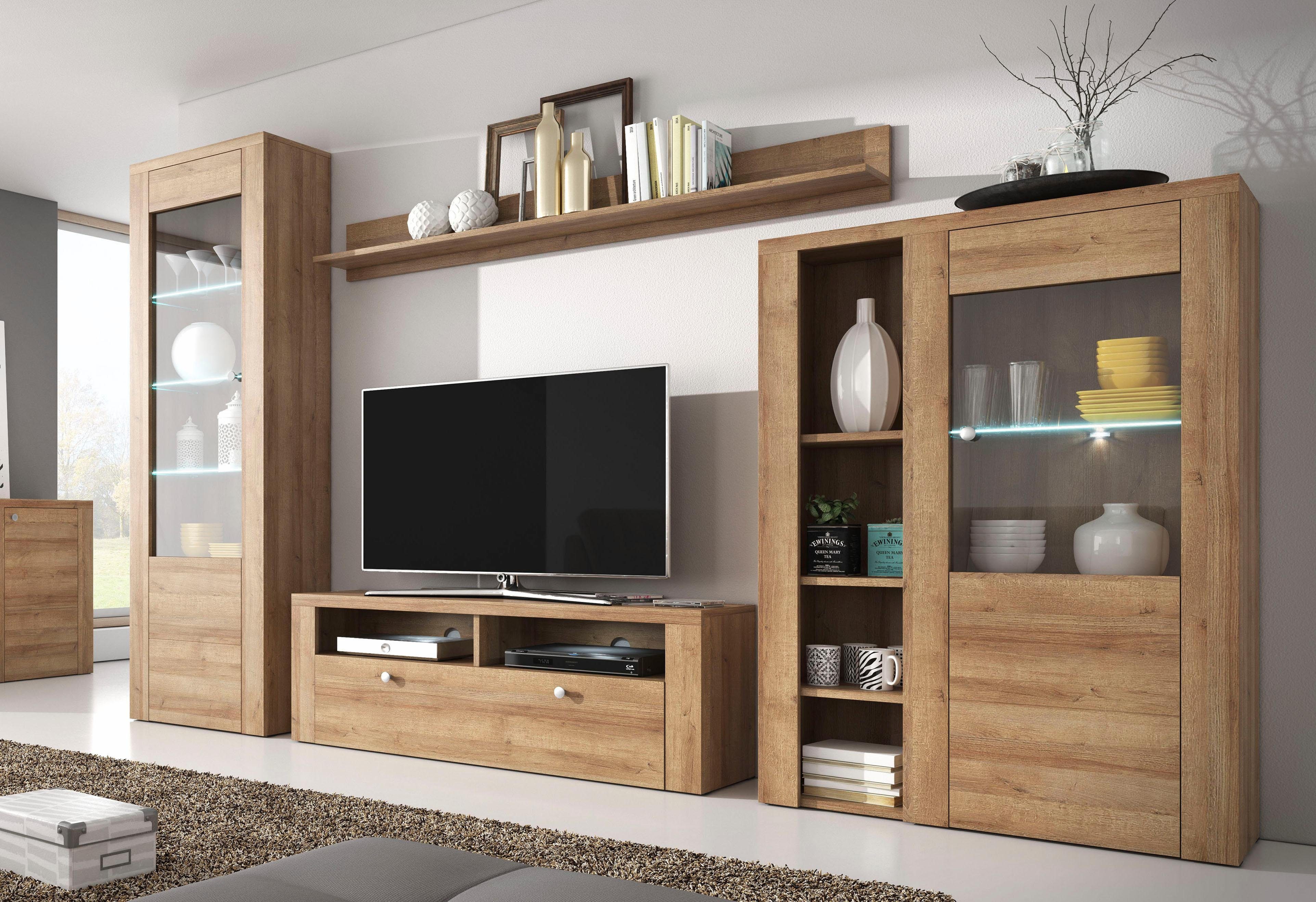 Home affaire Wandmeubel Larona, aanbouwwand, set van 4 delen bestaande uit 1 tv-board, 1 highboard, 1 vitrine, 1 wandplank (set, 4 stuks)