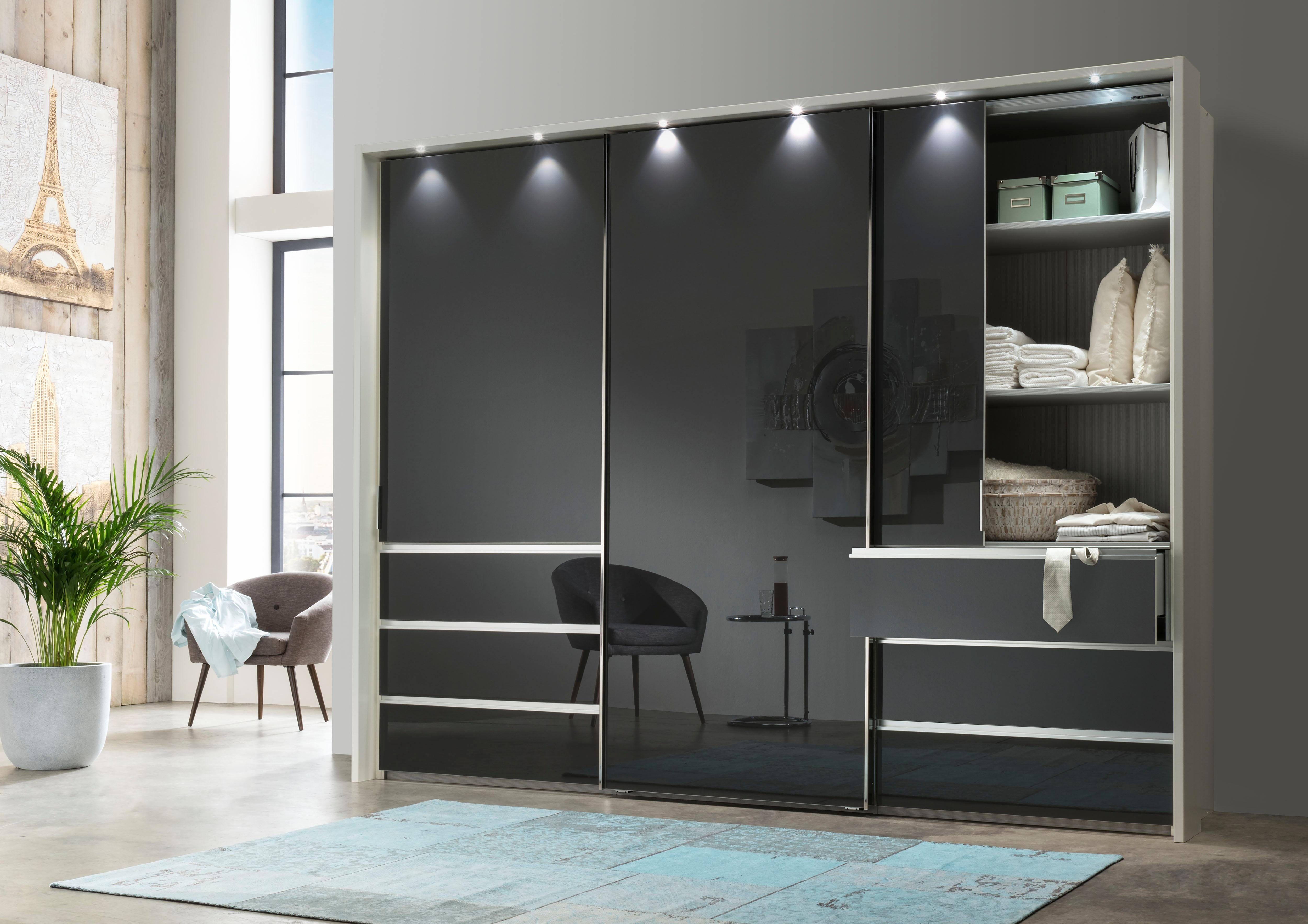 WIEMANN Zweefdeurkast Malibu, stijlvolle design, gemaakt in Duitsland met glazen front, in verschillende breedten, zelfsluitende laden