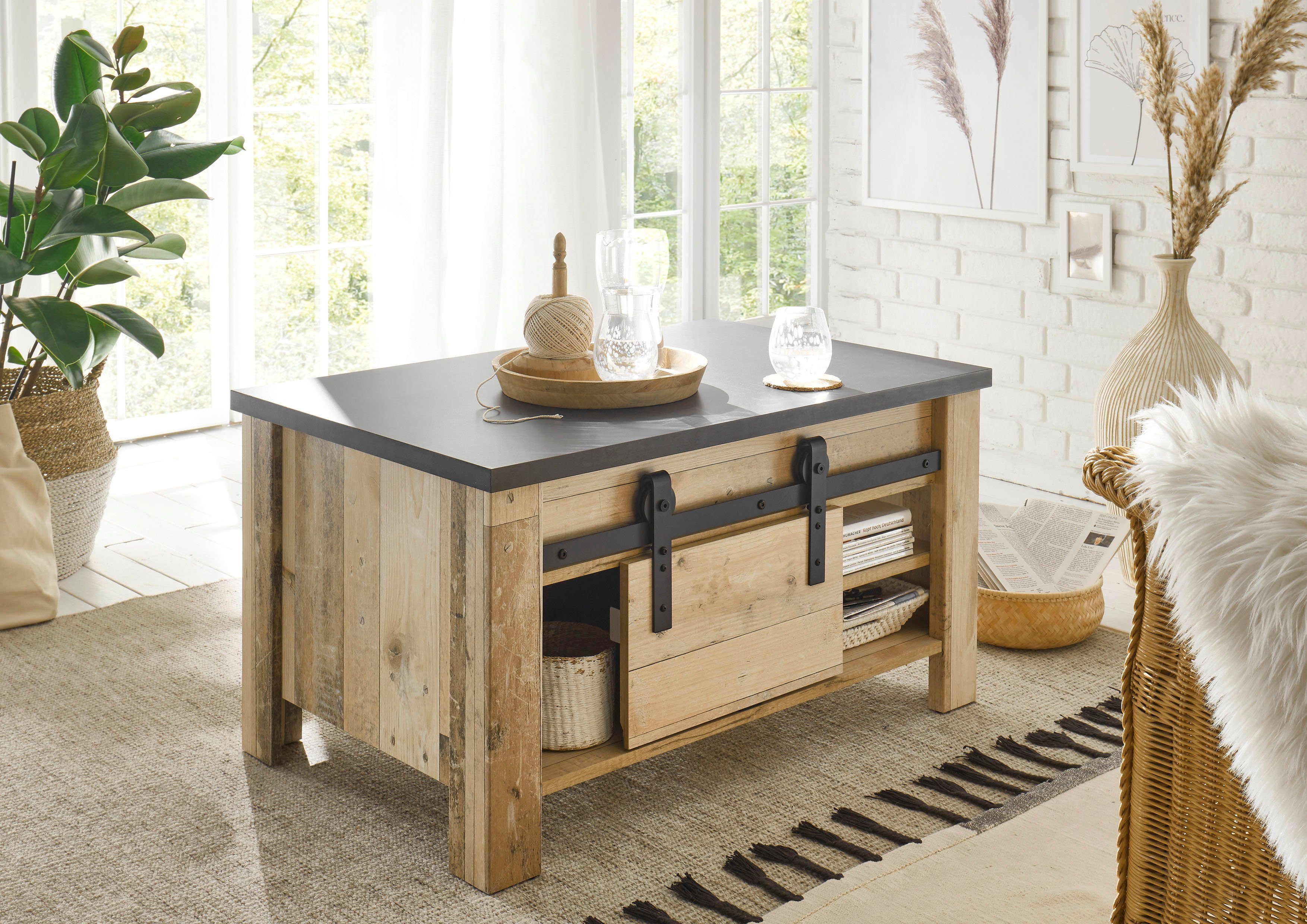 Home affaire Salontafel Sherwood moderne houtdecor, met schuurdeurbeslag van metaal, breedte 93 cm