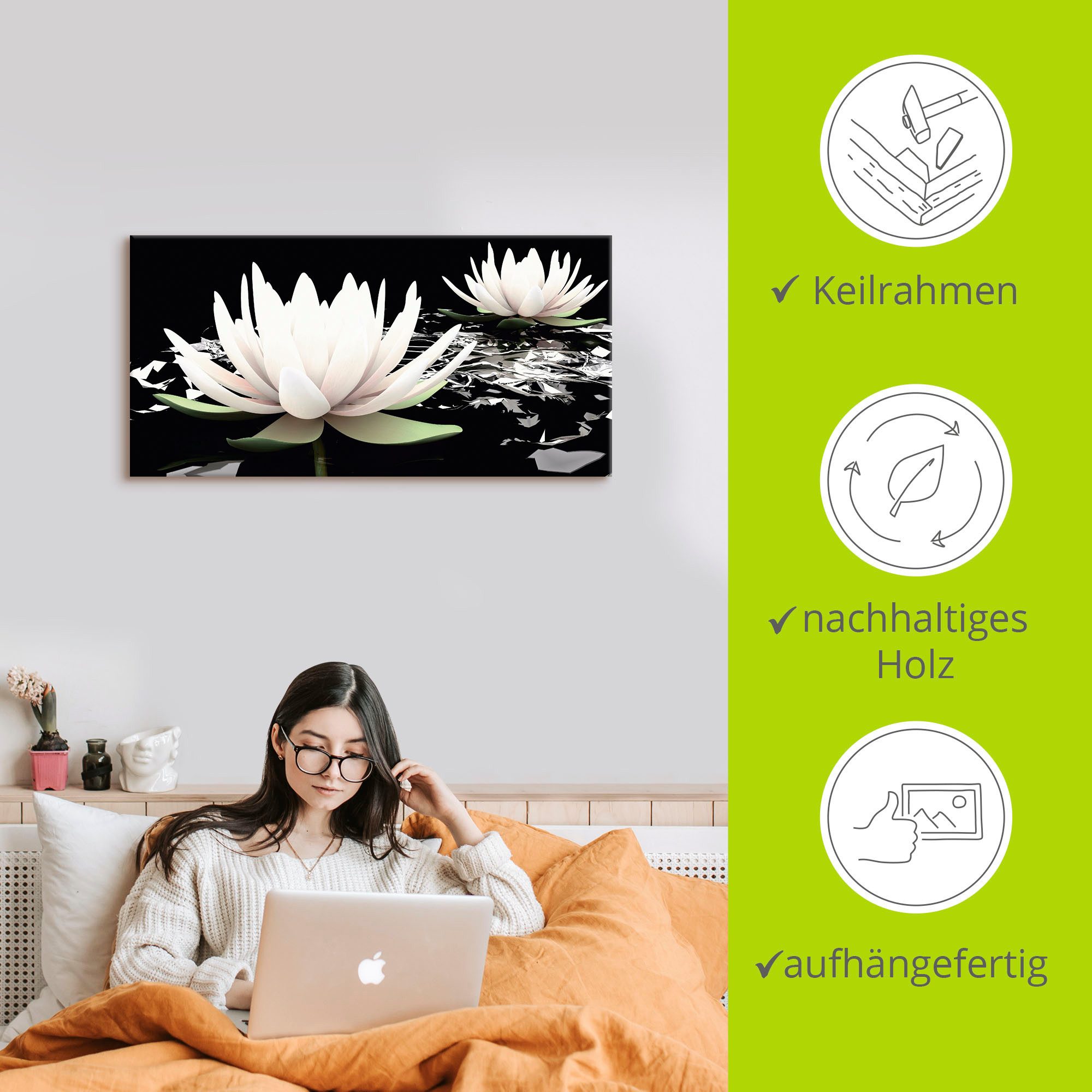 Artland Artprint Twee lotusbloemen op het water als artprint van aluminium, artprint voor buiten, artprint op linnen, poster, muursticker