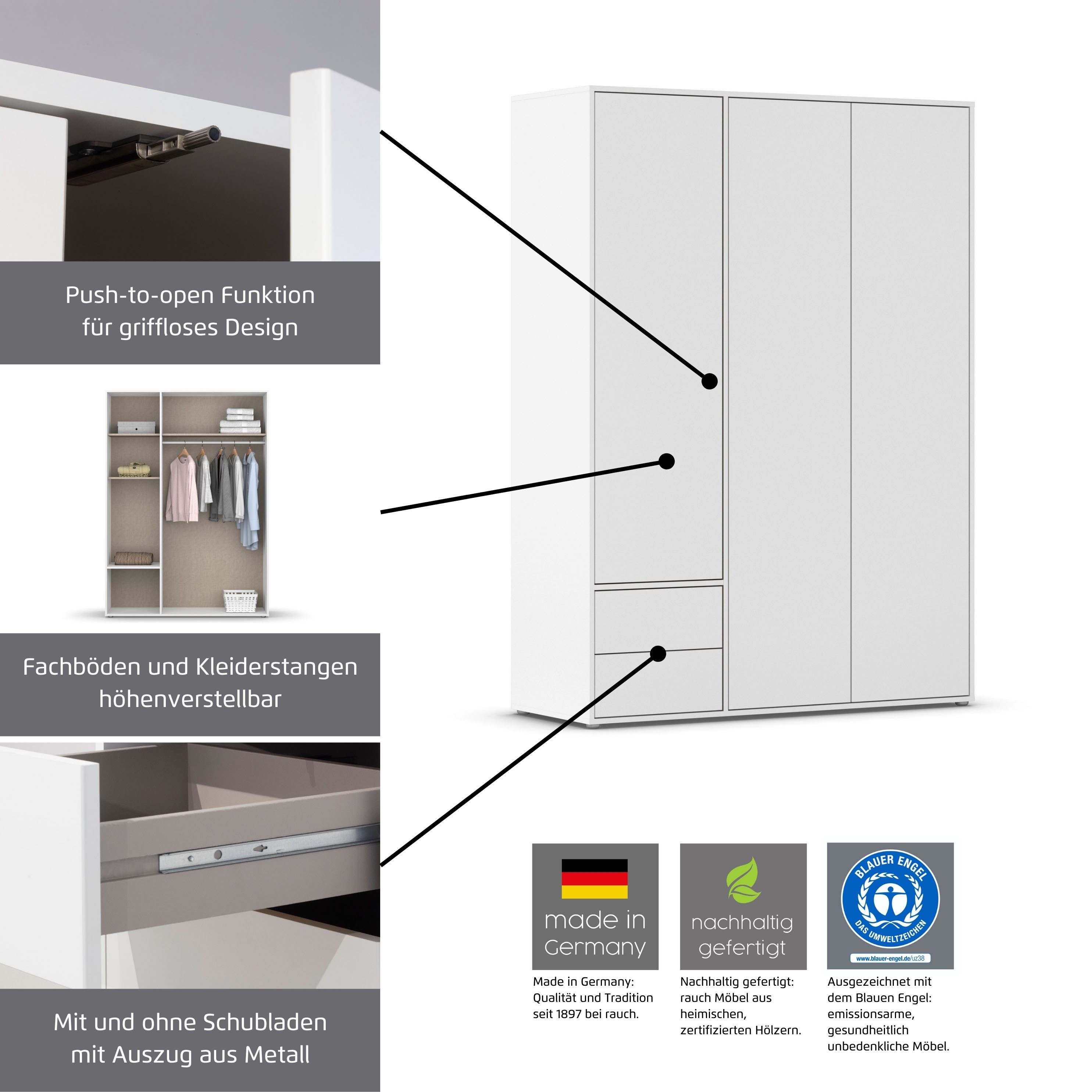 rauch Draaideurkast Kledingkast Kast Garderobe Wasmand NABILA veel Opbergruimte in 2 breedtes met push-to-open functie bestseller made in germany