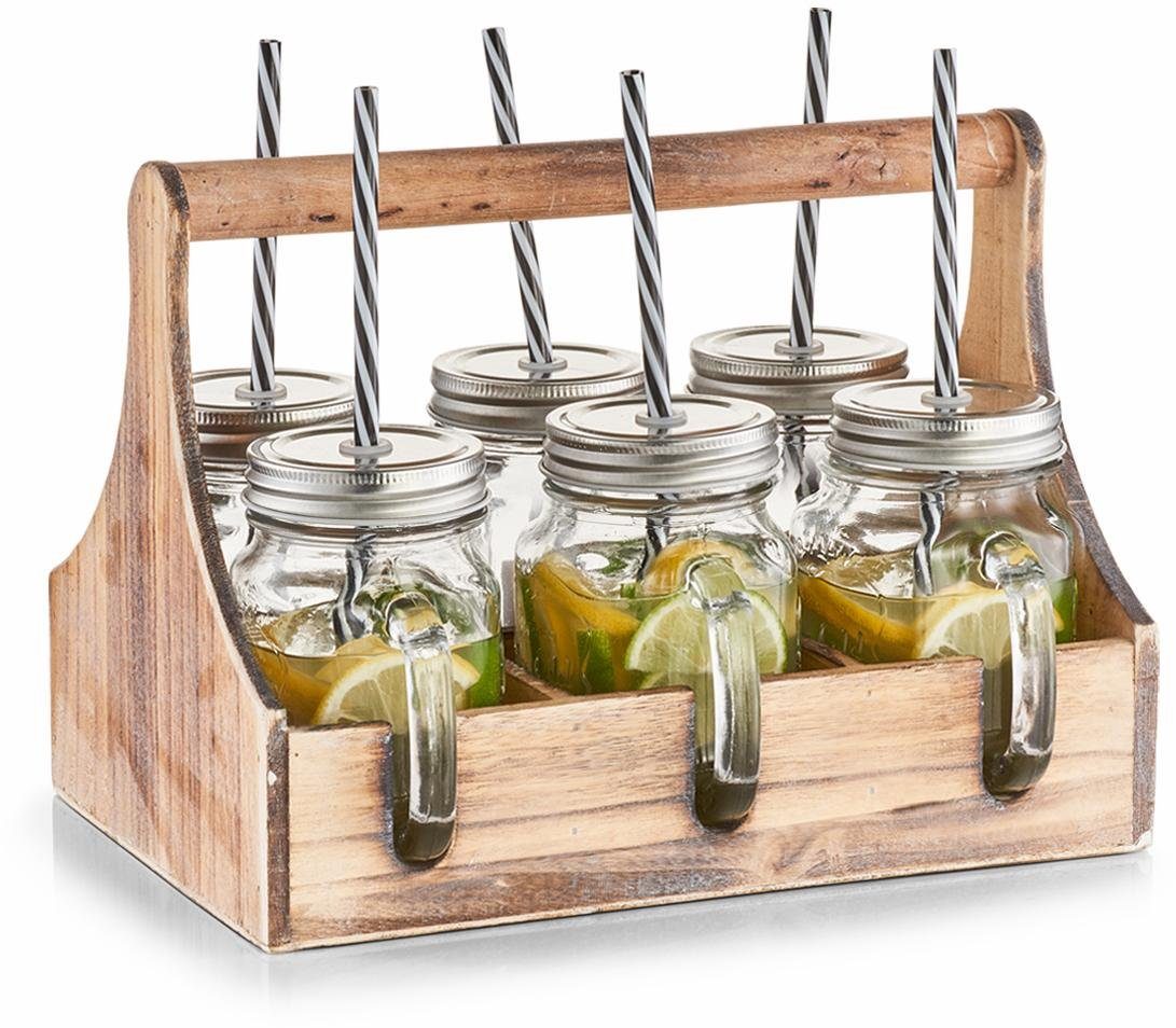 Zeller Present Glas per 6 glazen, deksels en rietjes, in praktische houten kist (set)