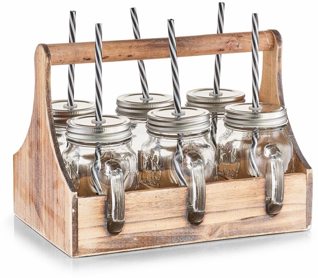 Zeller Present Glas per 6 glazen, deksels en rietjes, in praktische houten kist (set) glazen wit