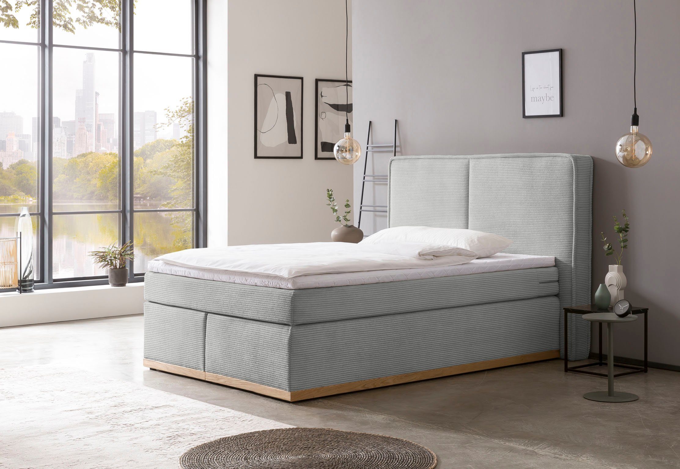 Home affaire Boxspring SHERWOOD hotelbed, bekleed bed Hoogwaardig cord ,zachte velours-structuur, met topmatras, eiken