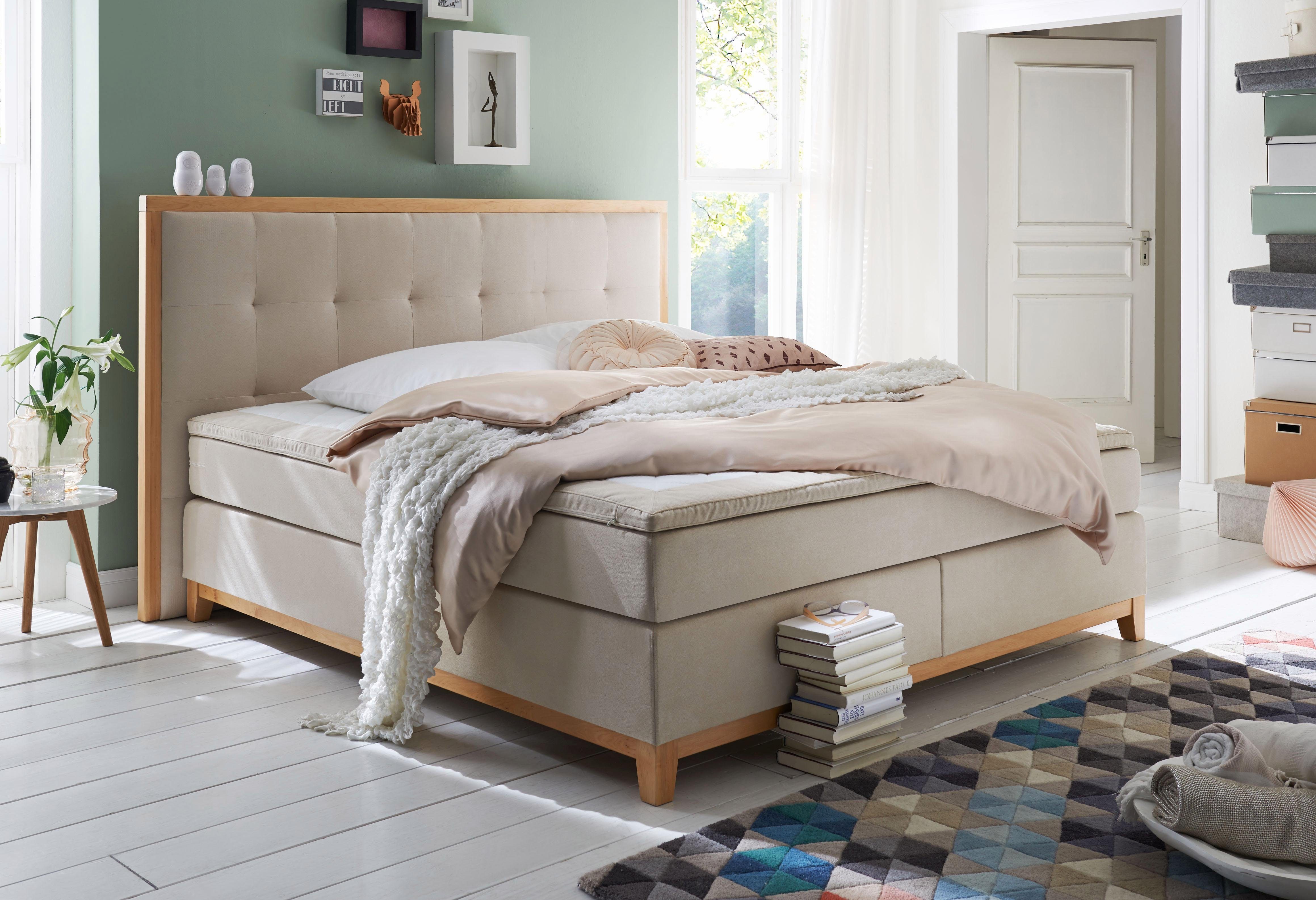 Home affaire Boxspring Sonja met stiksels in het hoofdbord en houten frame, inclusief topmatras boxsprings maat Luxe-microvezel beige