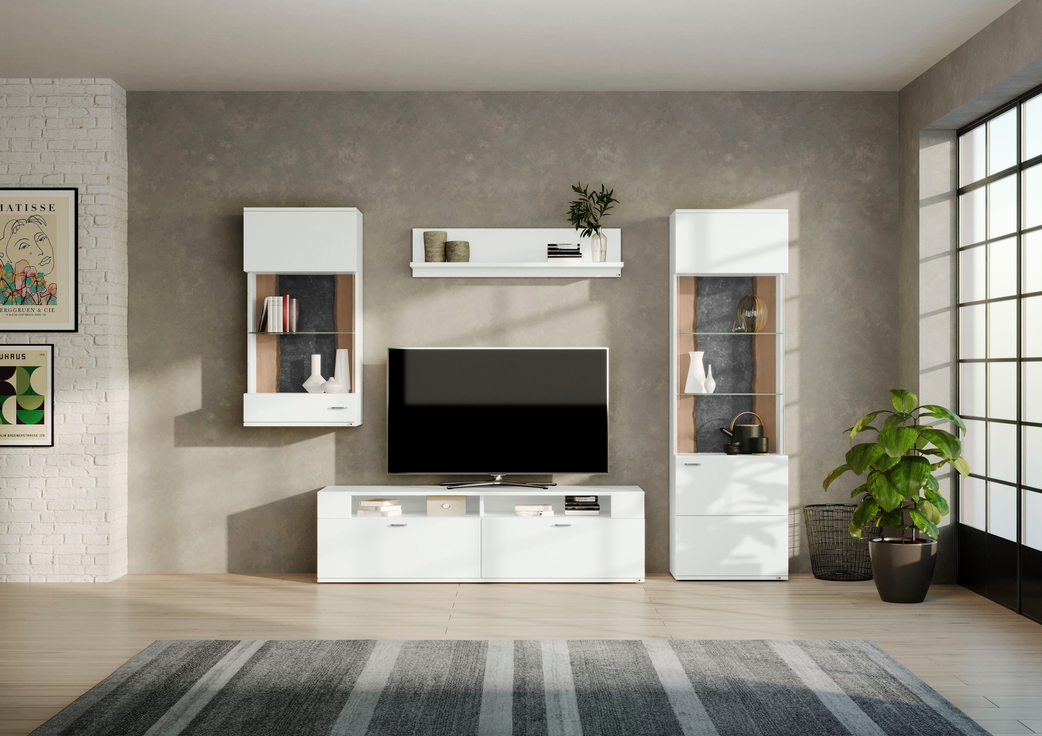 set one by Musterring Wandmeubel Tacoma Type 54, met hangende vitrinekast (set, 4-delig) tv-wandmeubels wit