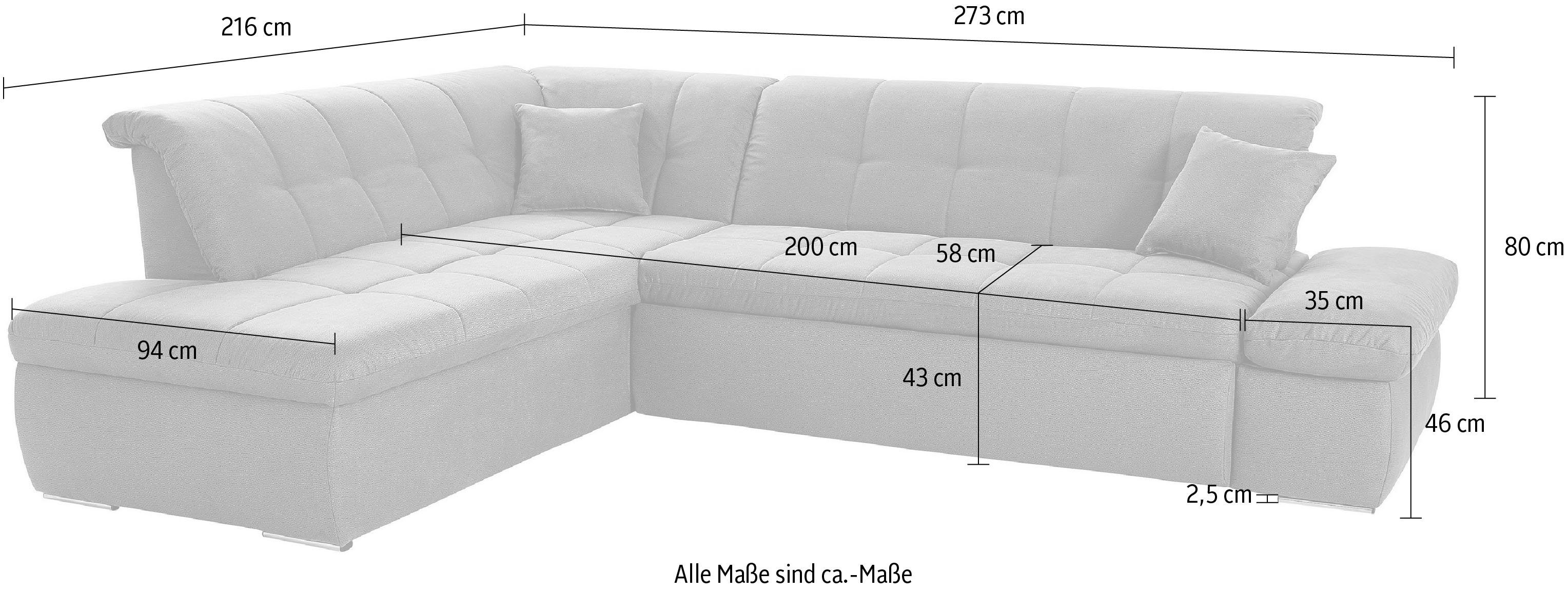DOMO collection Hoekbank NMoric incl. decoratiekussen B/D/H: 273/216/80 cm L-vorm Ottoman aan uiteinde, optioneel met slaapbank functie en verstelling armleuning