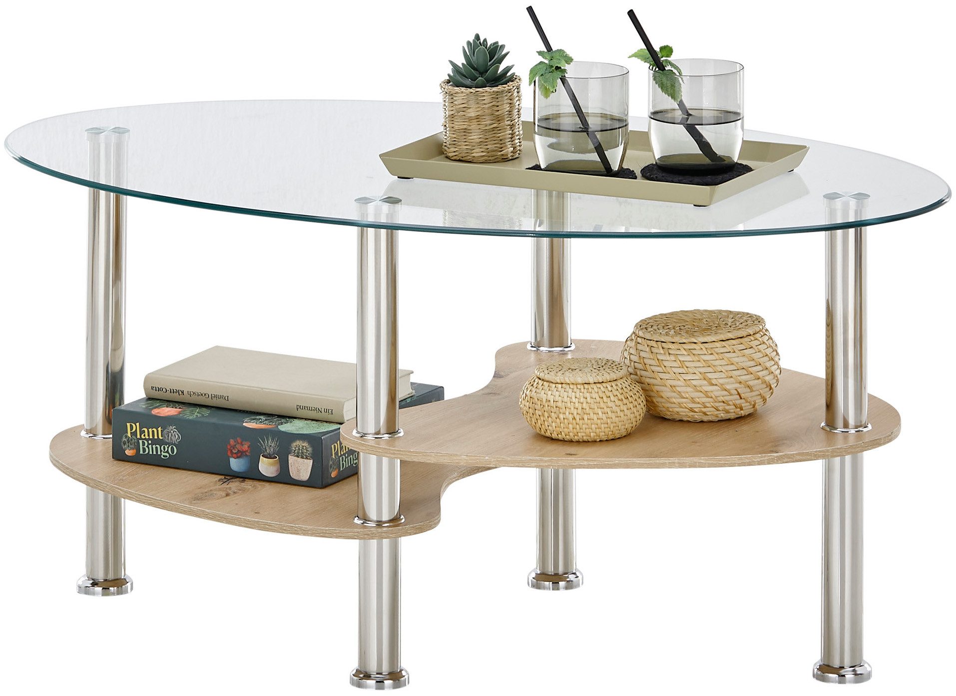 Stolkom Salontafel Panty glazen tafel, salontafel, bijzettafel glas BxHxD 90x42x55 cm Veiligheidsglas 8 mm, legplank in MDF eiken Artisan en eiken Sonoma