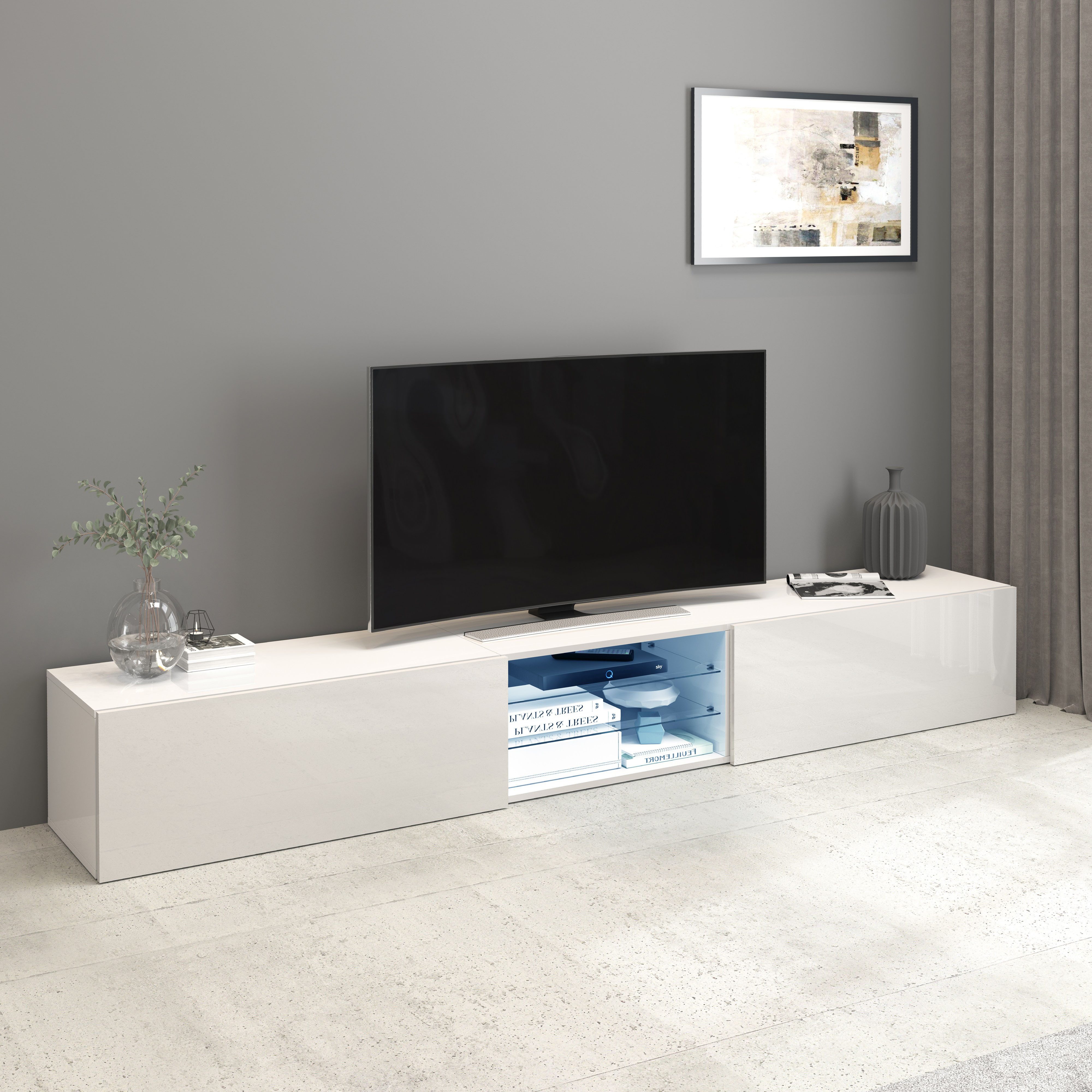 INOSIGN Tv-meubel Egypt, Lowboard, TV-ladekast, TV-meubel, TV-bank met 2 kleppen, 2 glazen planken, volledig hoogglans gelakt (b/d/h) 240x38x35 cm
