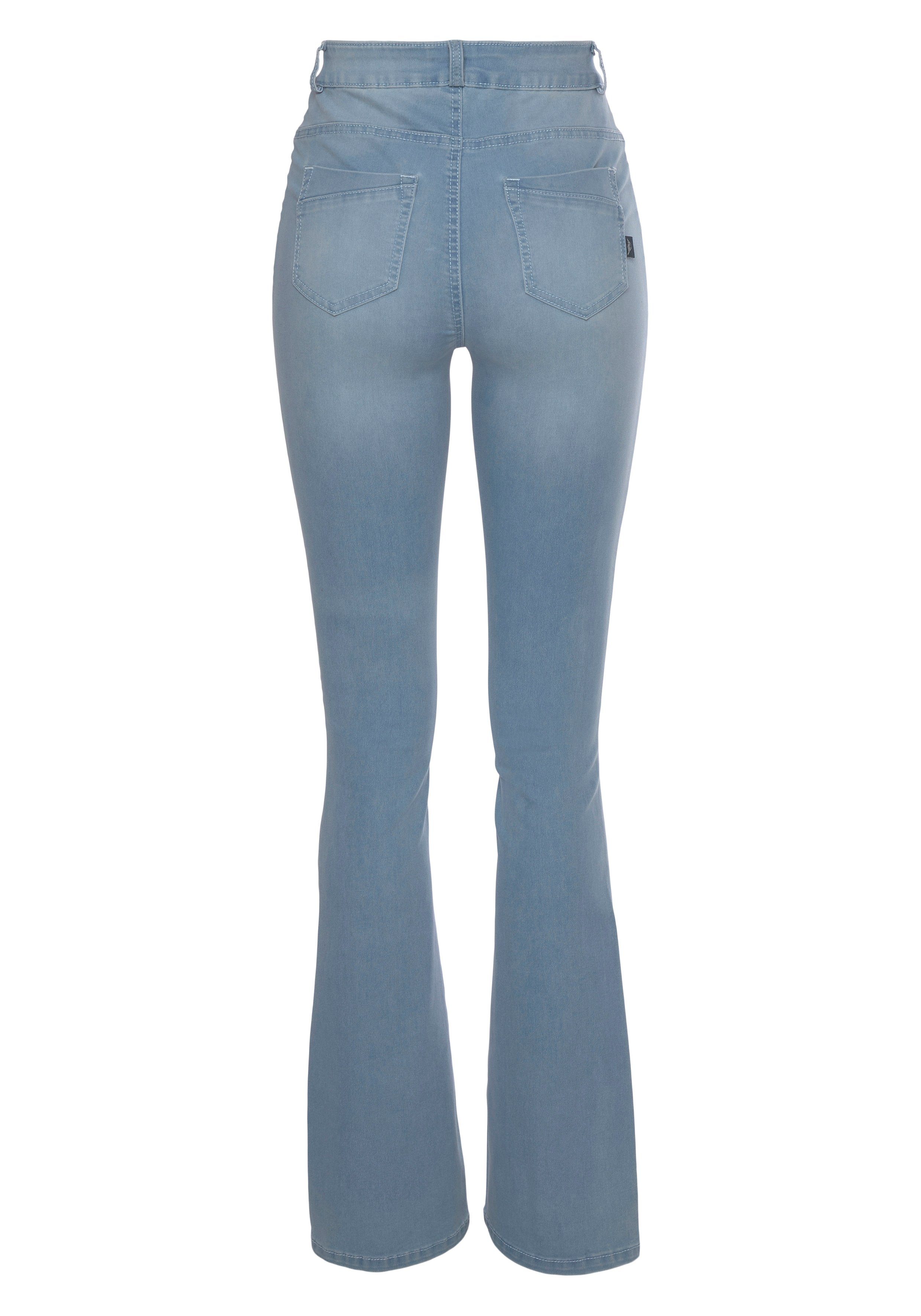 Arizona Bootcut jeans Ultra Stretch uitlopende pasvorm, used-wassing, hoge taille