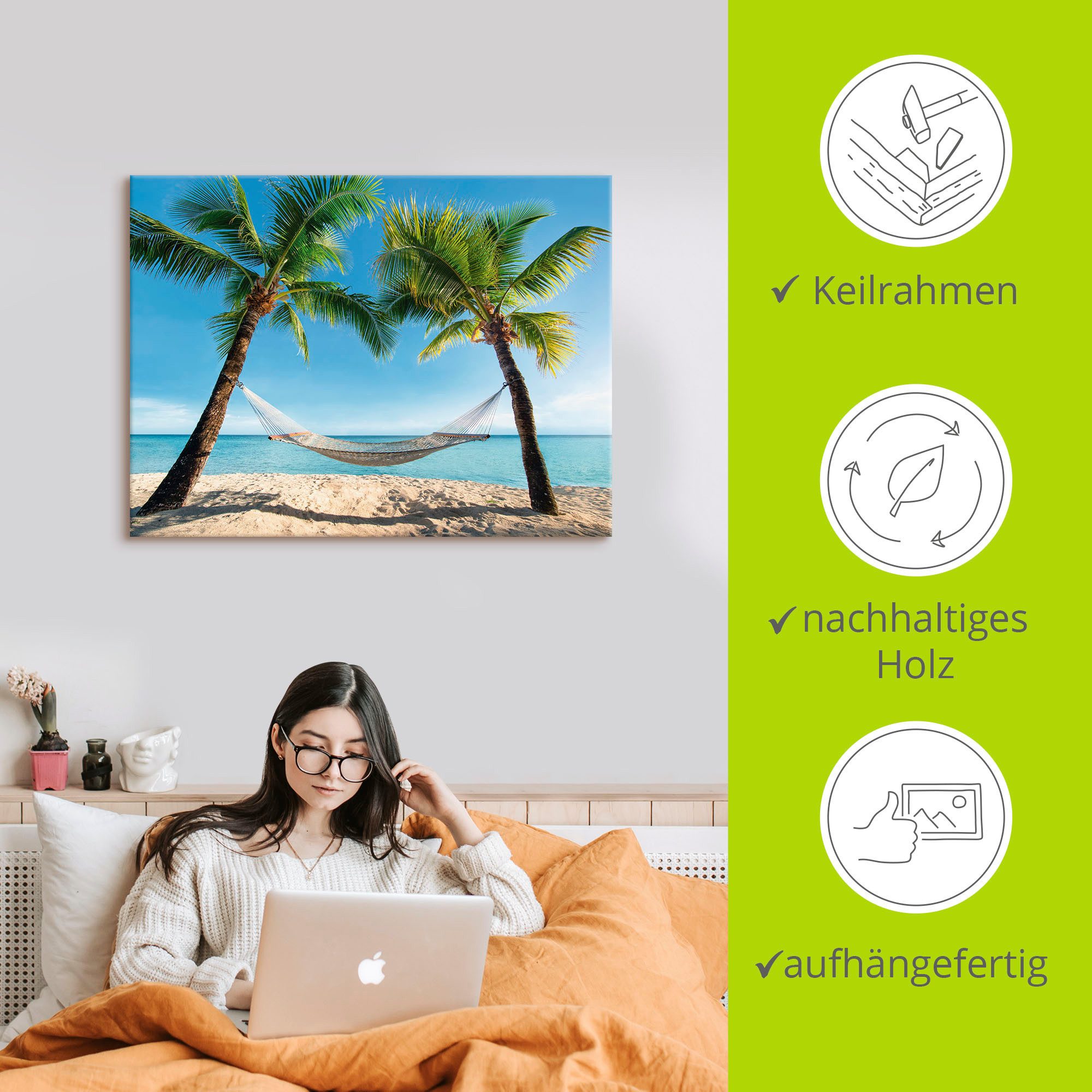 Artland Artprint Palmenstrand Caribic met hangmat als artprint op linnen, poster, muursticker in verschillende maten