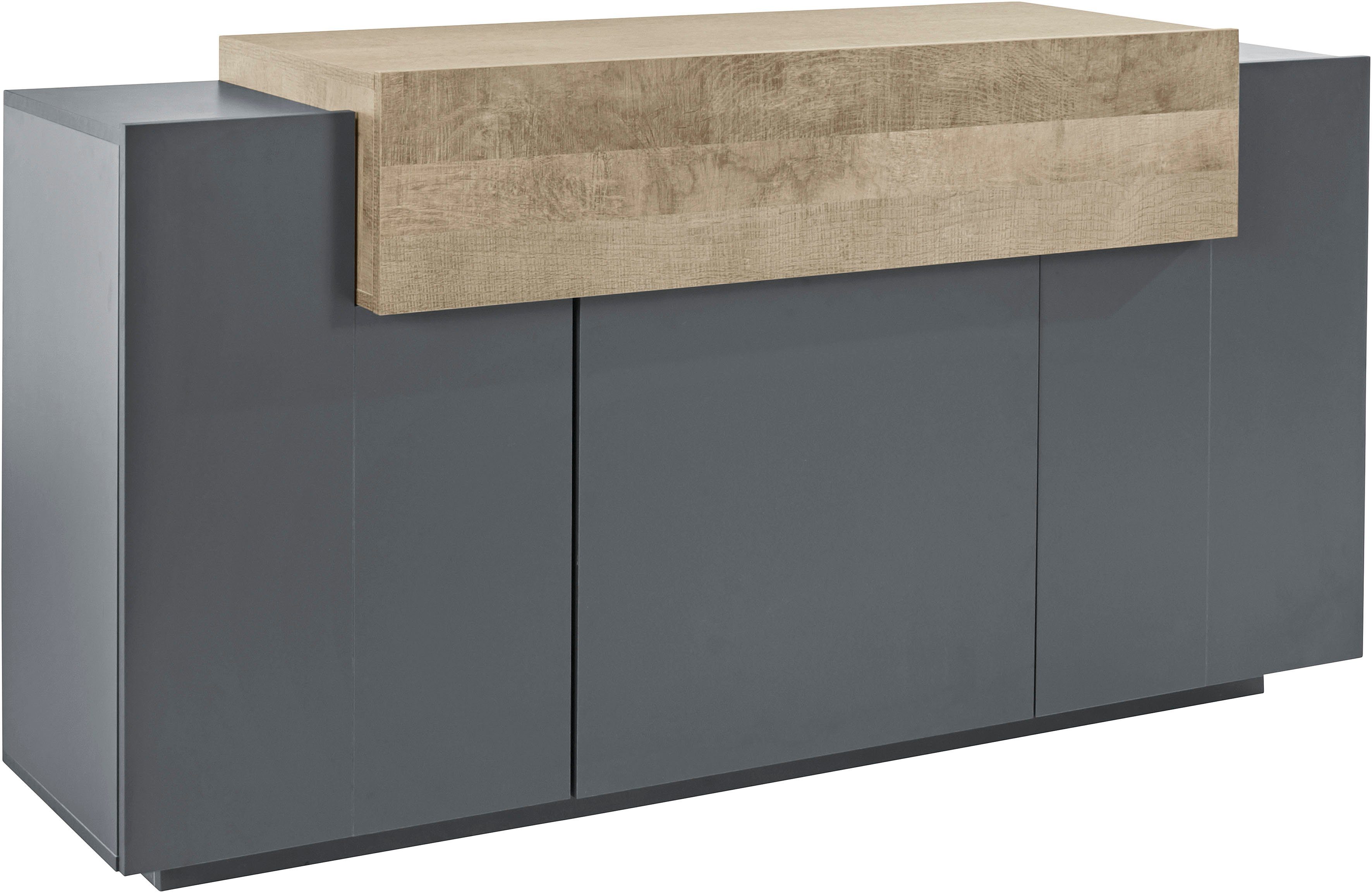 INOSIGN Dressoir Coro, commode, kast, buffet, greeploos met legplanken met 1 klep, 3 deuren, dubbele diepte bxdxh 160x45x85,6 cm dressoirs grijs