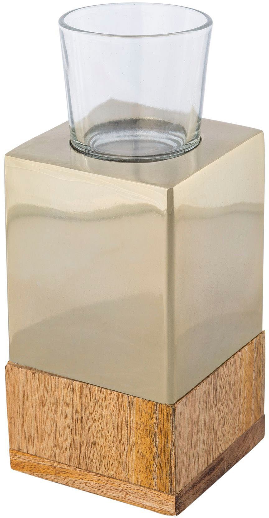 Creativ home Waxinelichthouder Kandelaar Tower uit hout, roestvrij staal en glas (set, 2 stuks)