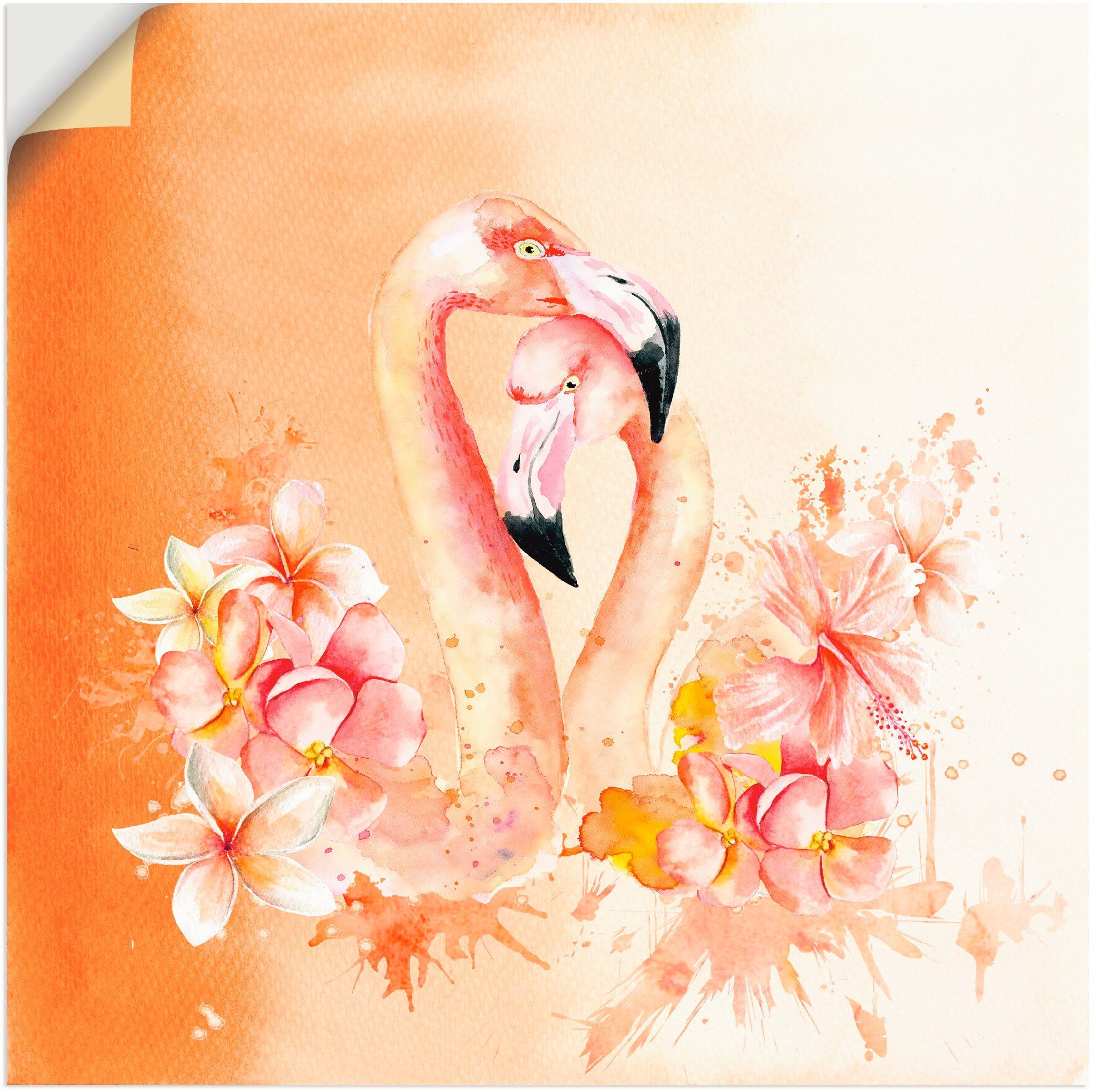 Artland Artprint Oranje flamingo In Love- illustratie in vele afmetingen & productsoorten - artprint van aluminium / artprint voor buiten, artprint op linnen, poster, muursticker /
