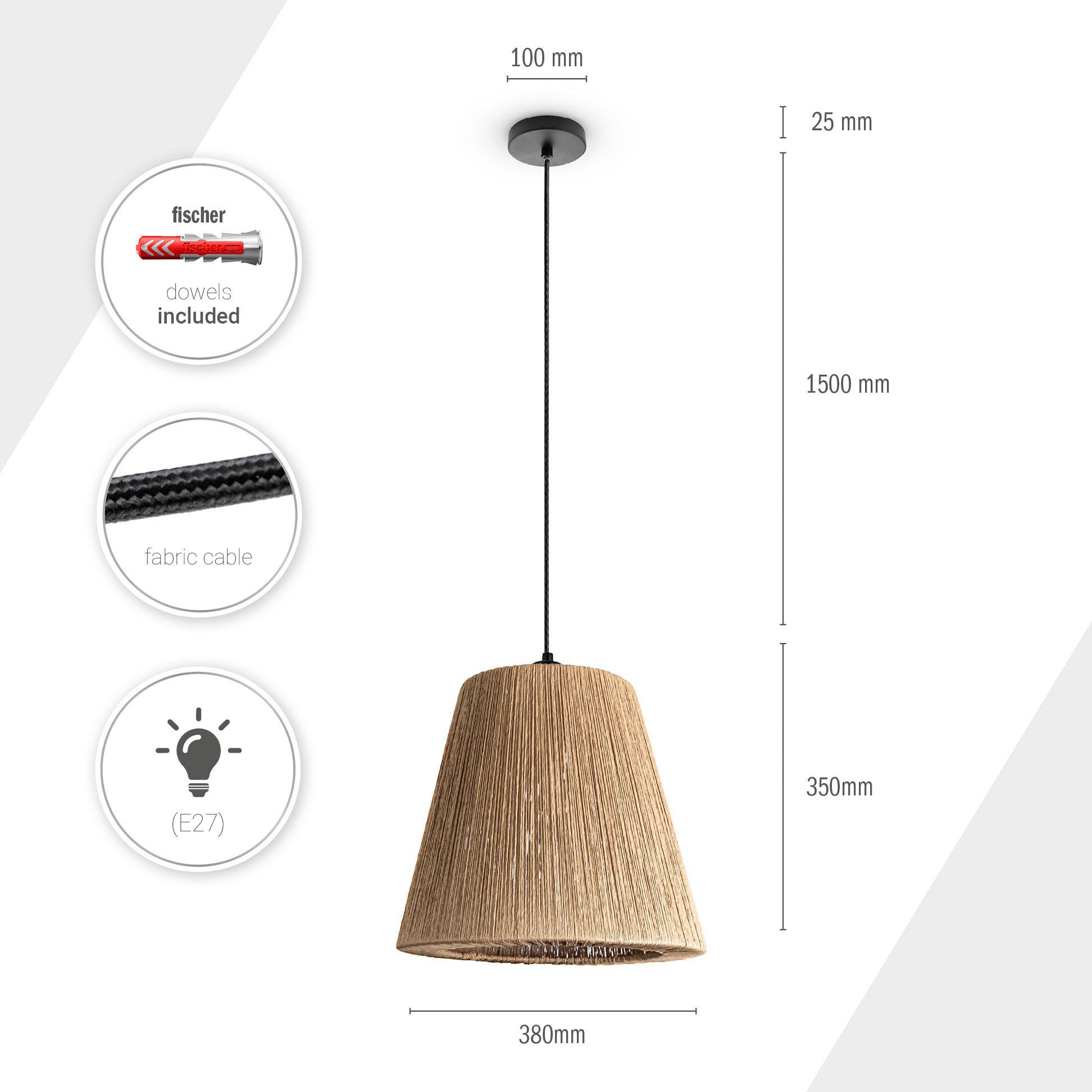 Paco Home Hanglamp VORGU E27 hanglamp papier Boho Rattan look natuur plafondlamp vintage