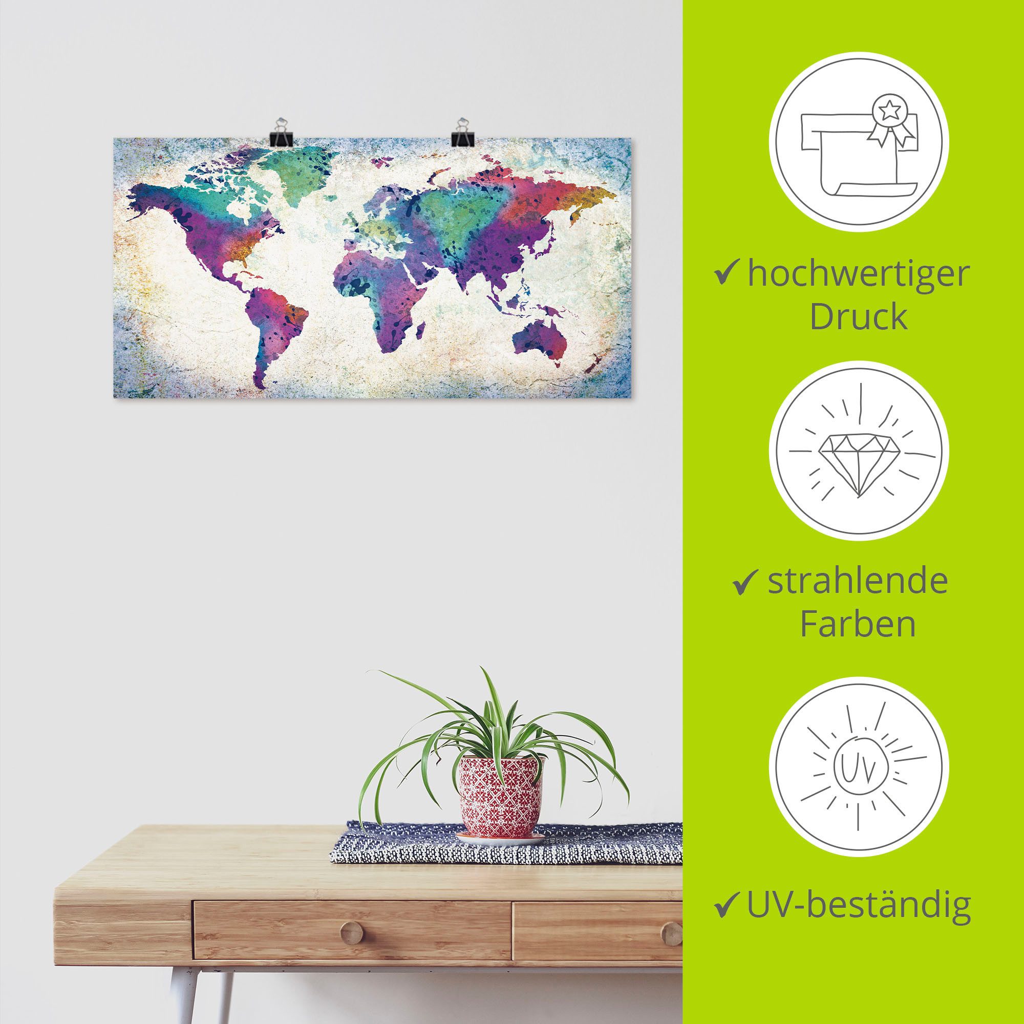 Artland Artprint Veelkleurige wereldkaart als artprint van aluminium, artprint voor buiten, artprint op linnen, poster, muursticker