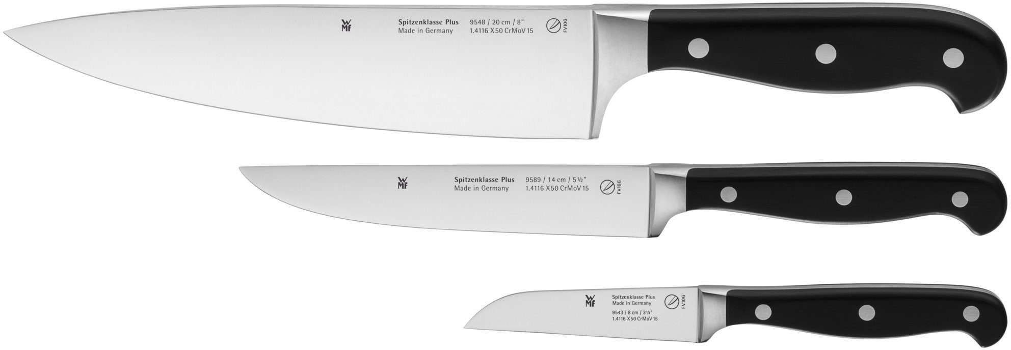 WMF Messenset Spitzenklasse Plus Lemmeten van speciaal messenstaal, made in Germany (set, 3-delig) keukenmessen zwart