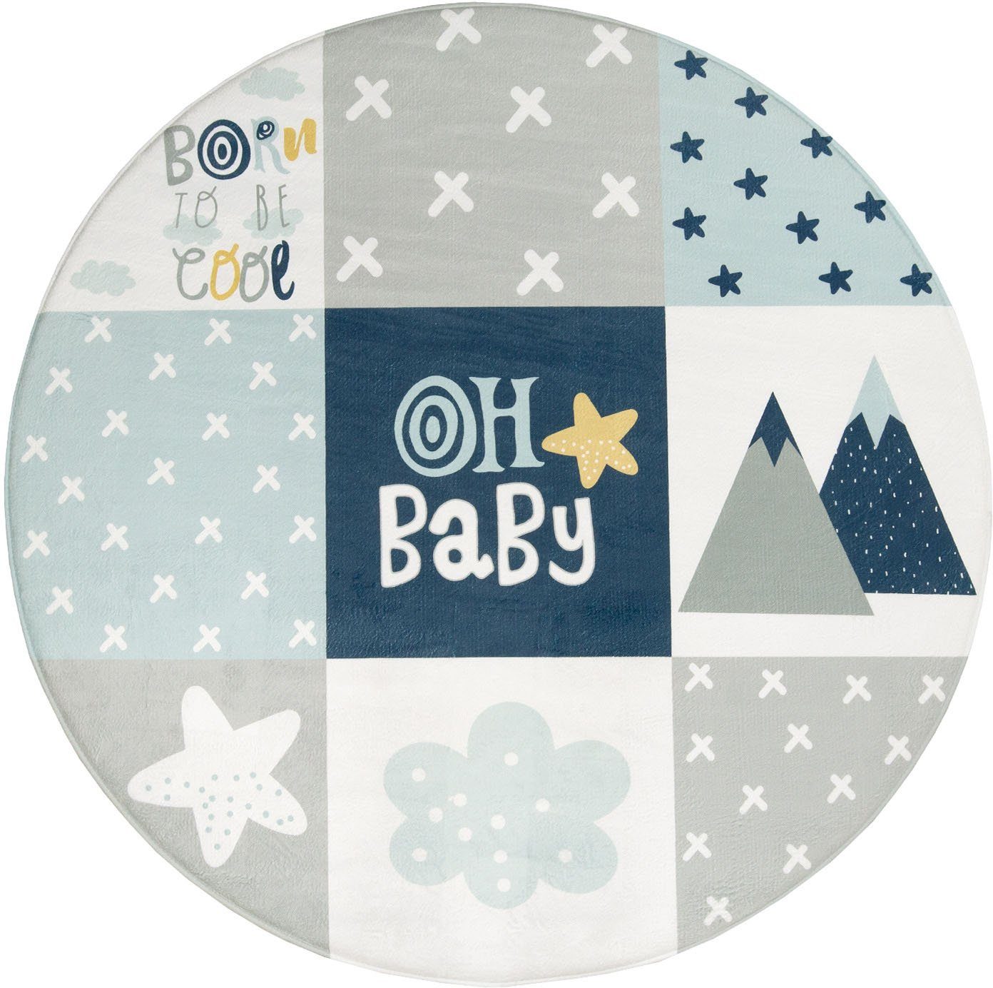 Paco Home Kindervloerkleed Chicos 554 geweven, patchworkdesign, met een opschrift & regenboog of sterretjes speelkleden maat Ø 150 cm x 2 mm blauw