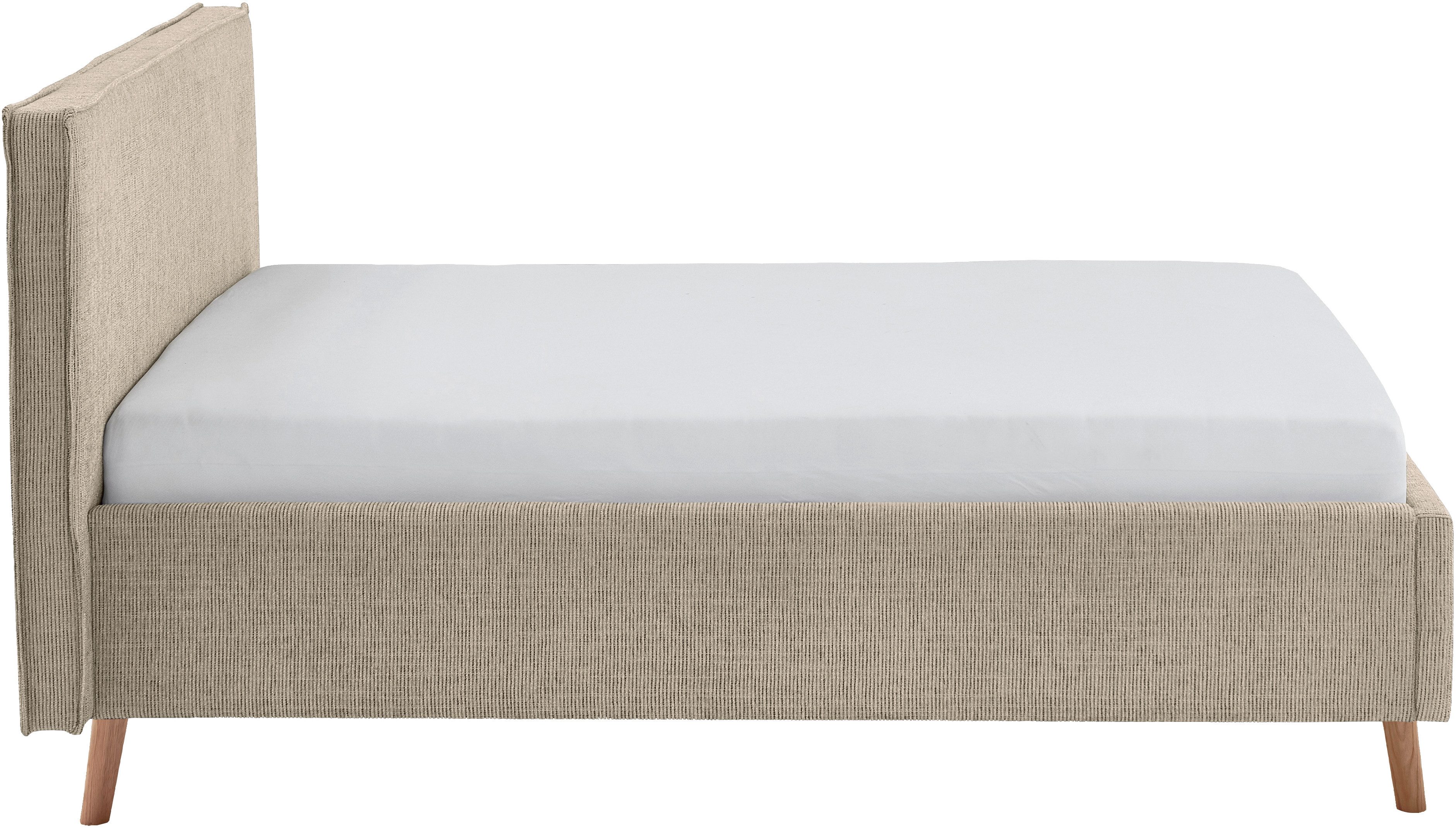 meise.möbel Gestoffeerd bed Riva met eikenkleurige houten poten, naar keuze met bedkist en lattenbodem