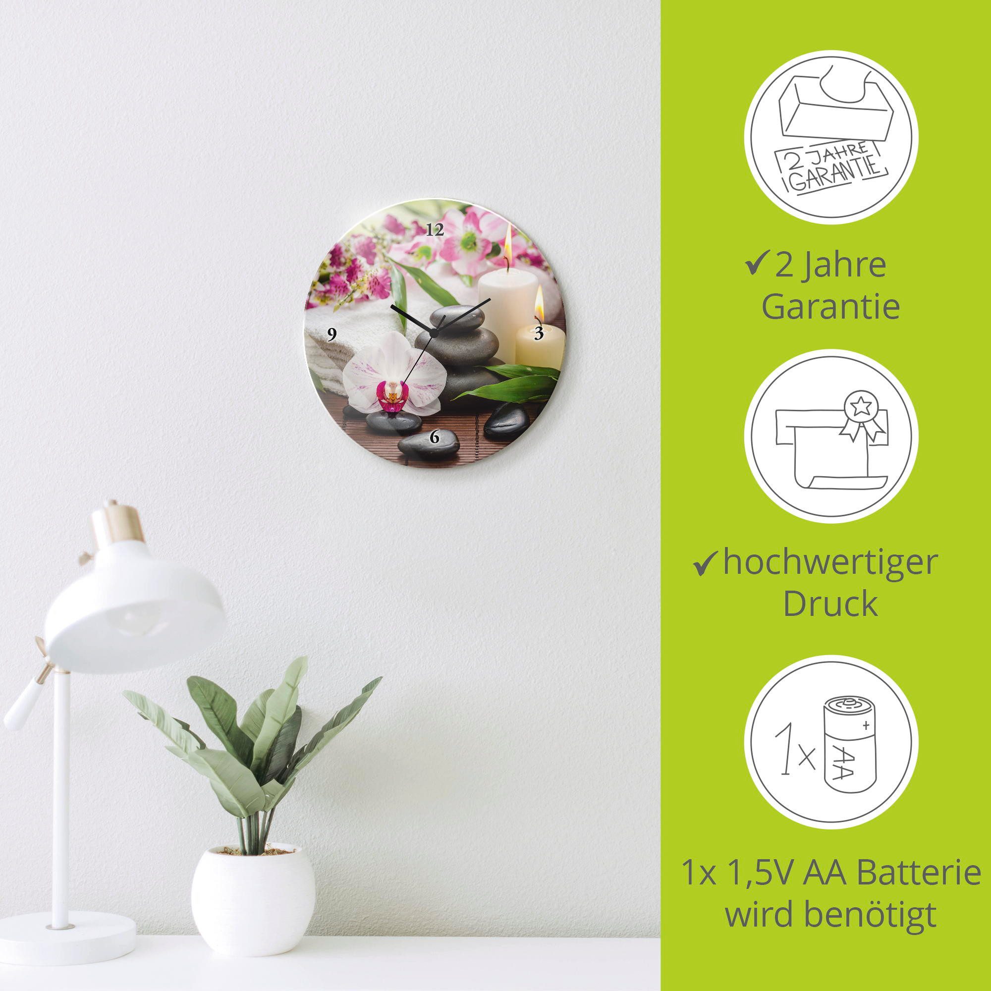 Artland Wandklok Glazen klok rond spa orchideeën bamboe kaars optioneel verkrijgbaar met kwarts- of radiografisch uurwerk, geruisloos zonder tikkend geluid
