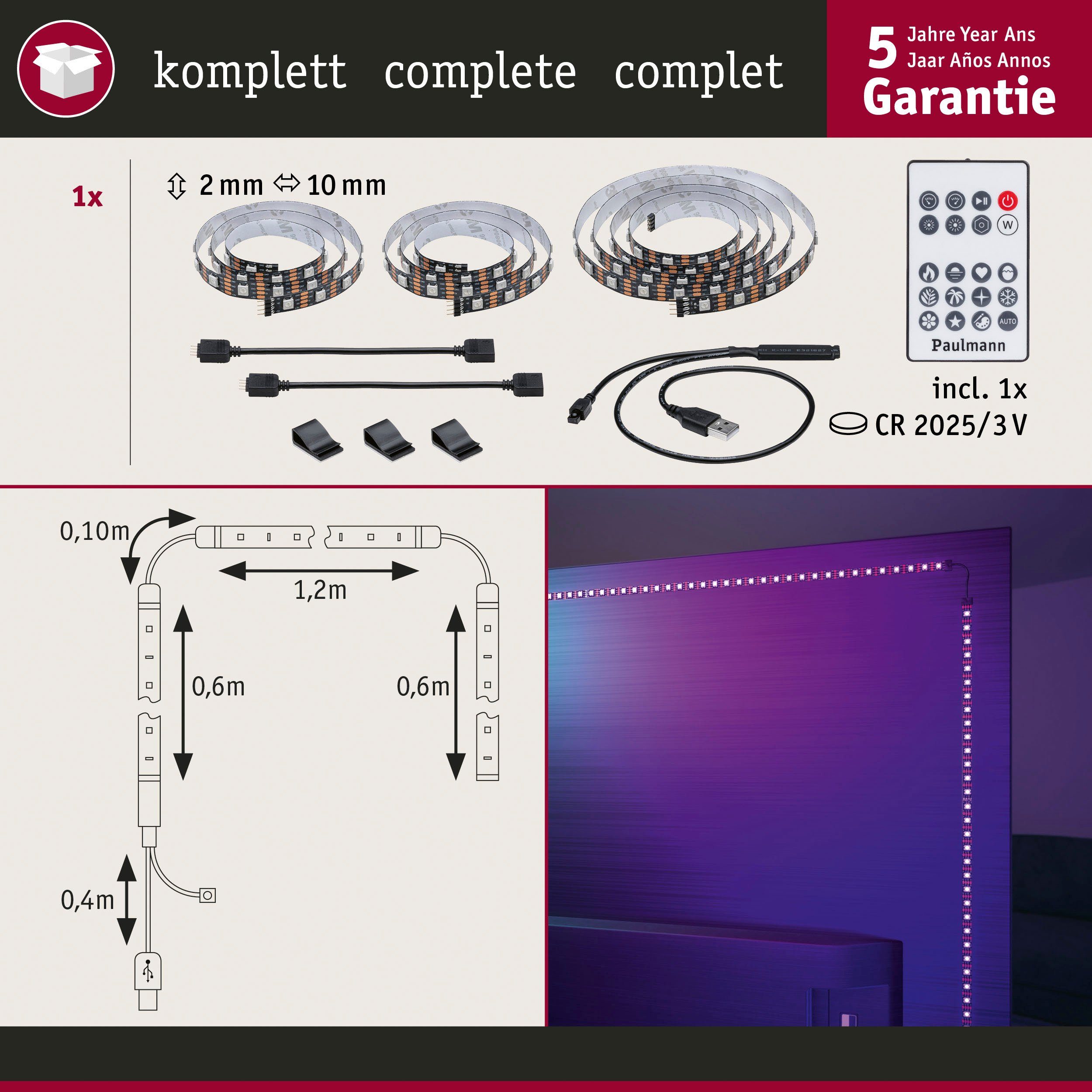 Paulmann Led-strepen USB LED Strip TV-Verlichting 65 Inch 2,4m Dynamic Rainbow RGB 4W (1 stuk)