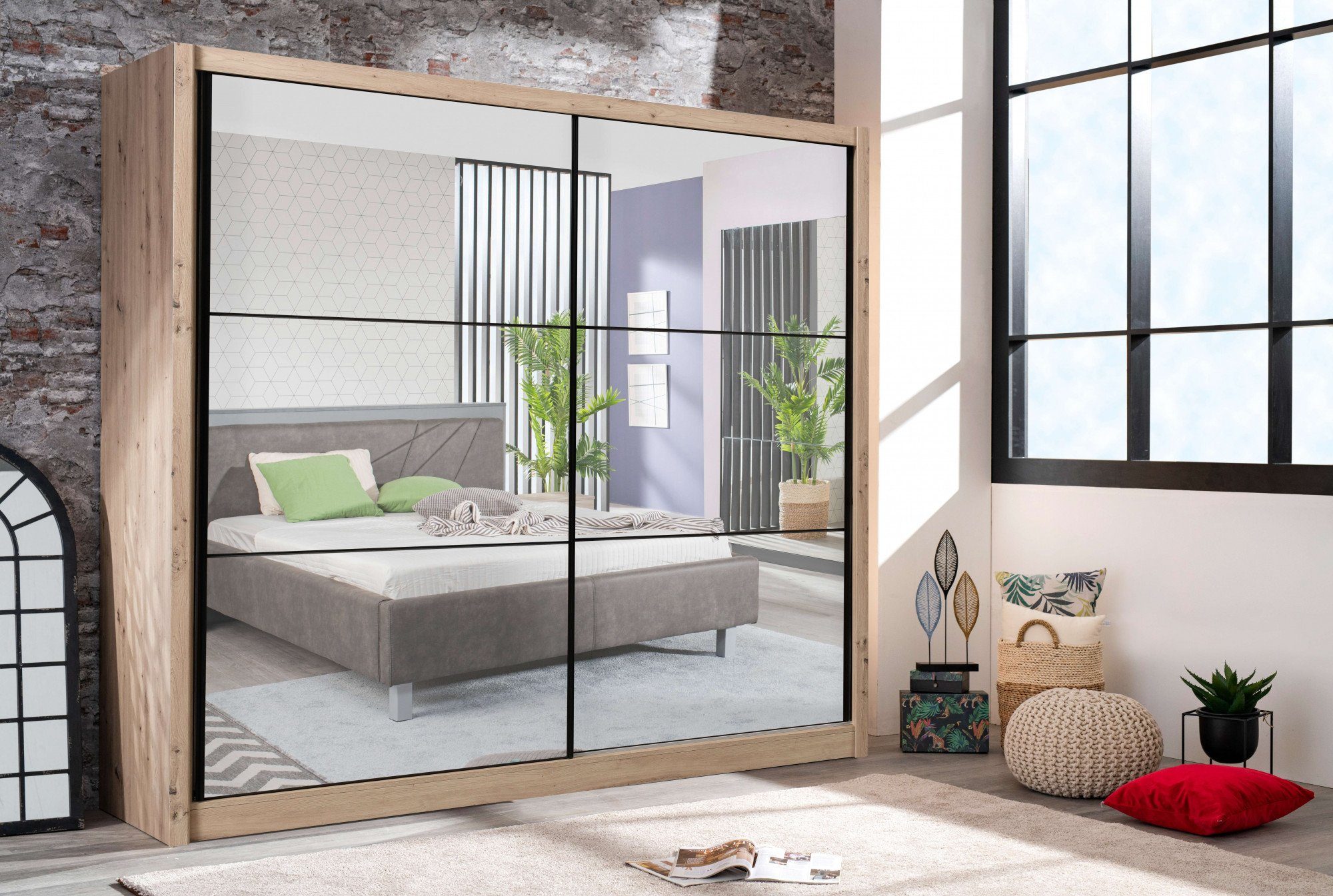 INOSIGN Schuifdeurkast Navara kledingkast met spiegel linnenkast met volledige spiegelfront, fsc®-gecertificeerd, 213,5x215,5x61cm