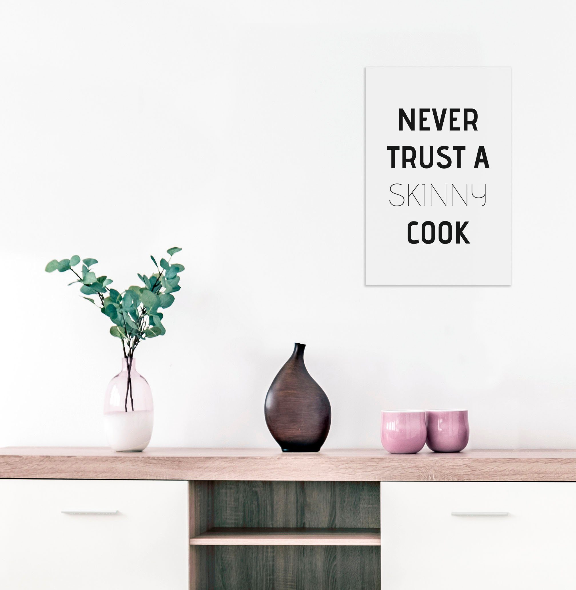 queence Sierobject voor aan de wand Never trust a skinny cook Stalen bord, blikken bord, spreuk, grappig, wanddecoratie, retro, 20x30cm