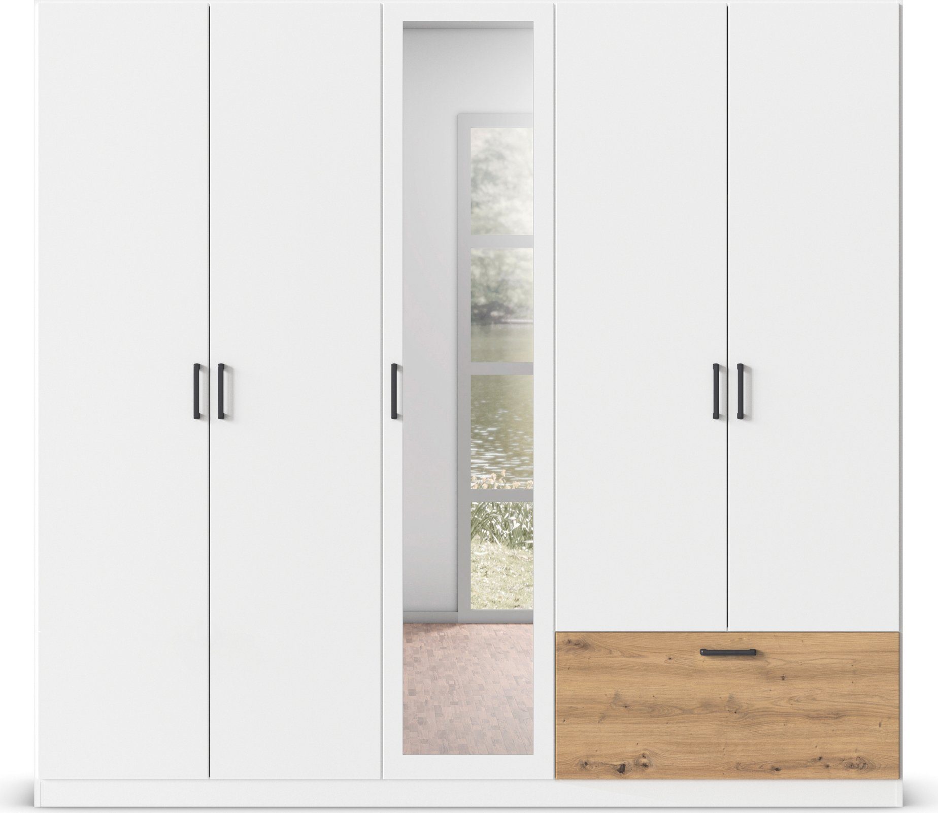 rauch Draaideurkast Kledingkast kast garderobe waskast BARI met spiegel met lades aan de buitenkant, moderne greep in grijs metallic made in germany