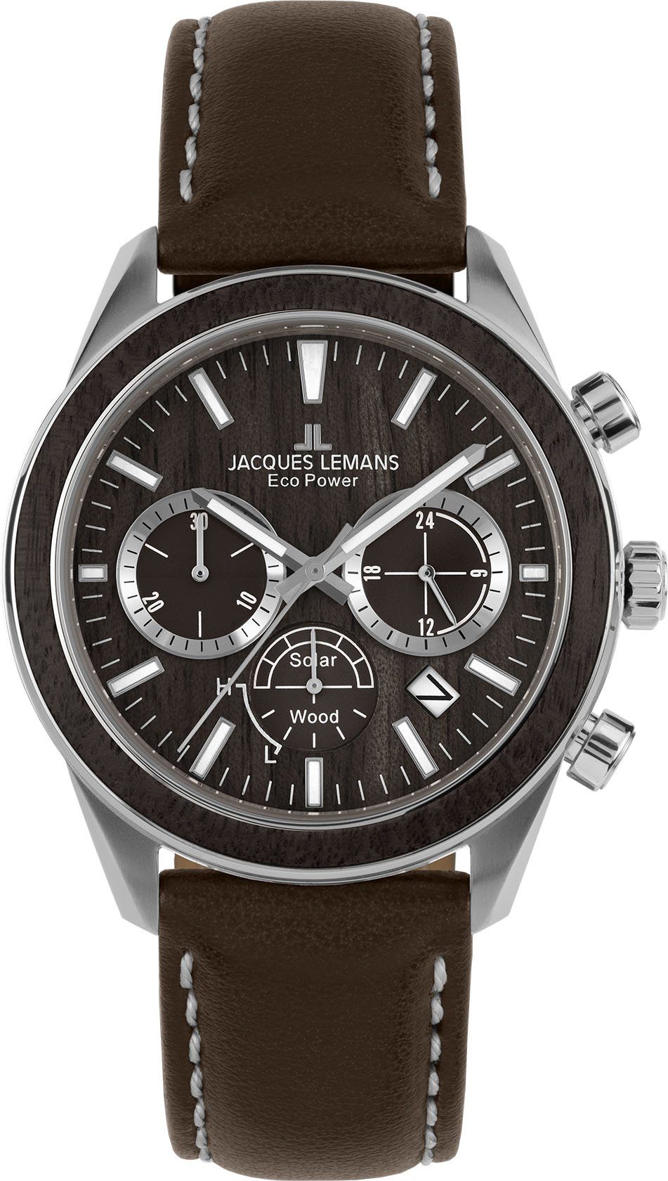 Jacques Lemans Solarhorloge Eco Power Solar Wood, 1-2115C Horloge, herenhorloge, chronograaf, datum, houten wijzerplaat