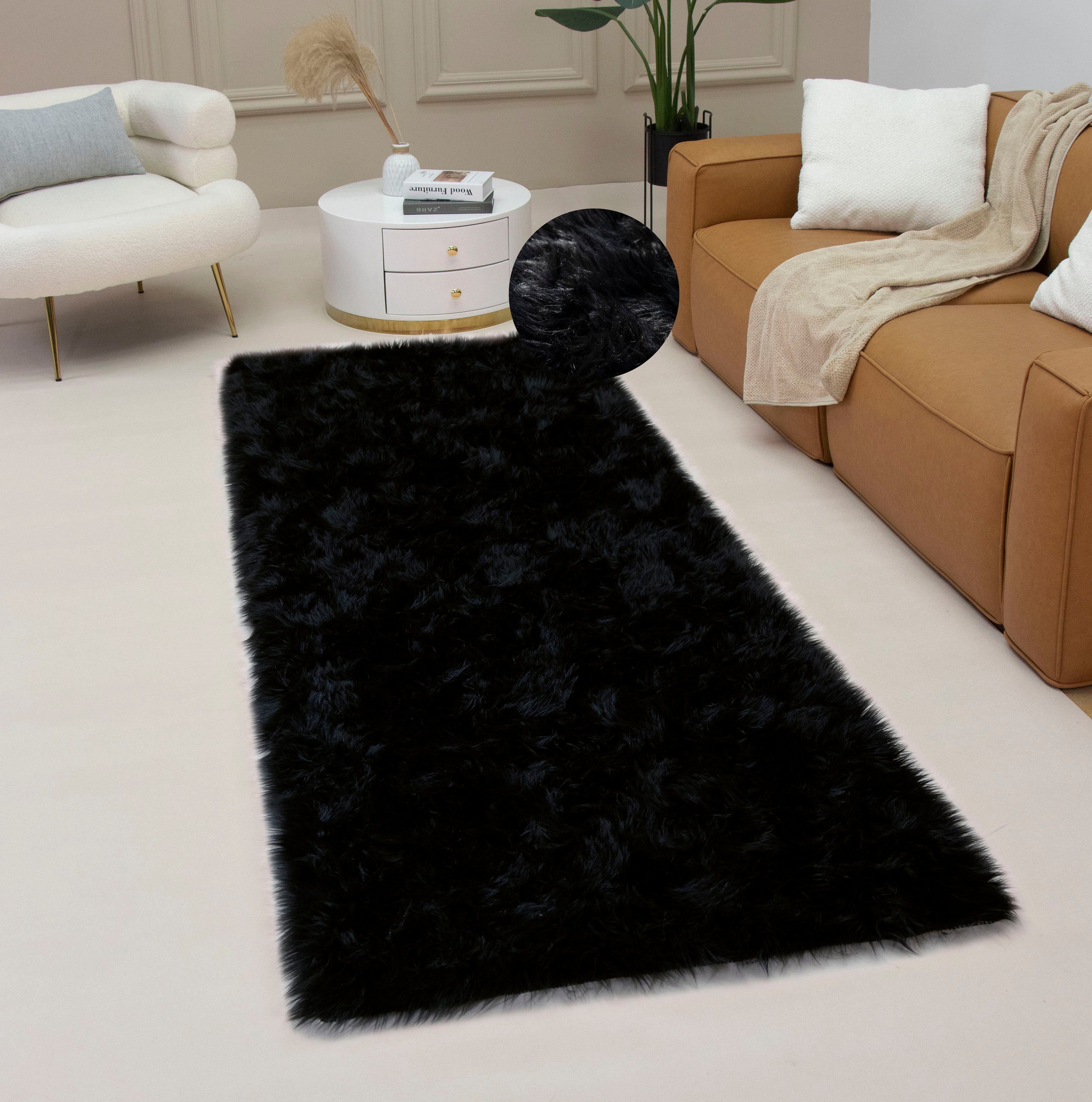 my home Vachtvloerkleed Dena, hoogpolige tapijten Imitatiebont, zacht, unikleuren, woonkamer, slaapkamer, eetkamer dieren vloerkleden zwart