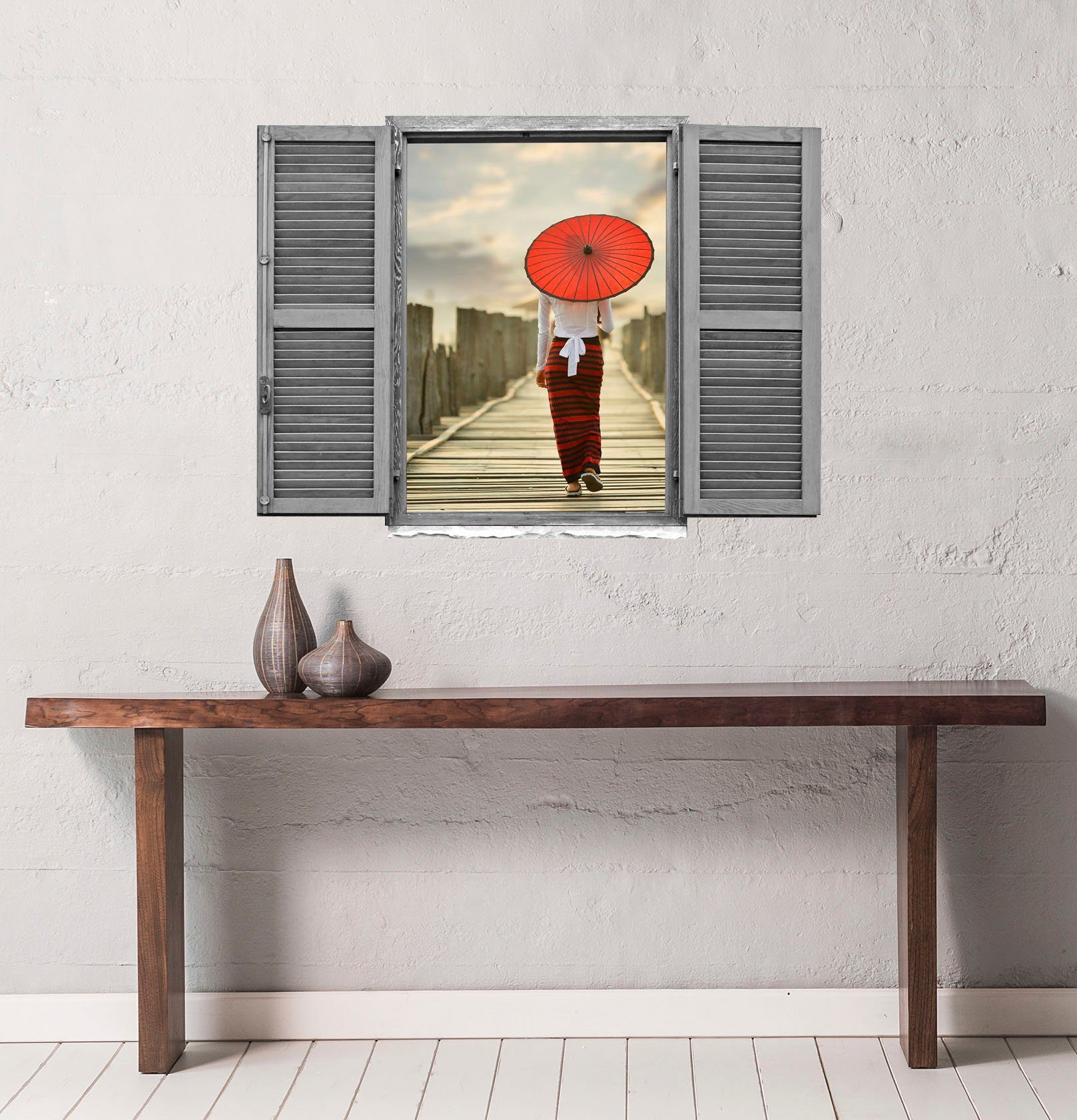 queence Wandfolie Vrouw op brug Muursticker, muurdecoratie, zelfklevend, 3D, raam (1 stuk)
