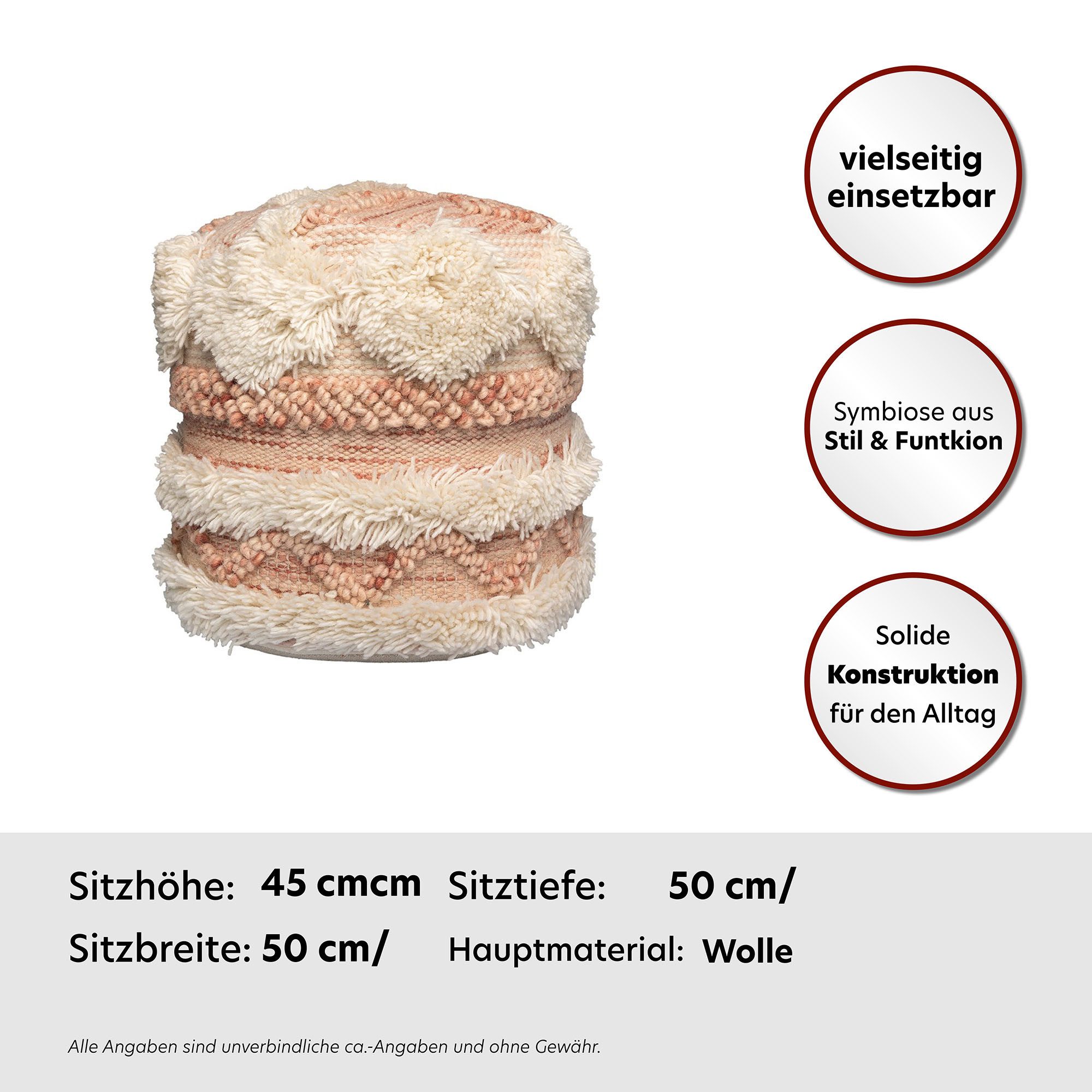 Kayoom Poef Bohist 225 35cm x 35cm, Structuren met franjes en kwasten handgemaakt, uniek, zeer goed te combineren, veelzijdig in gebruik (1 stuk)