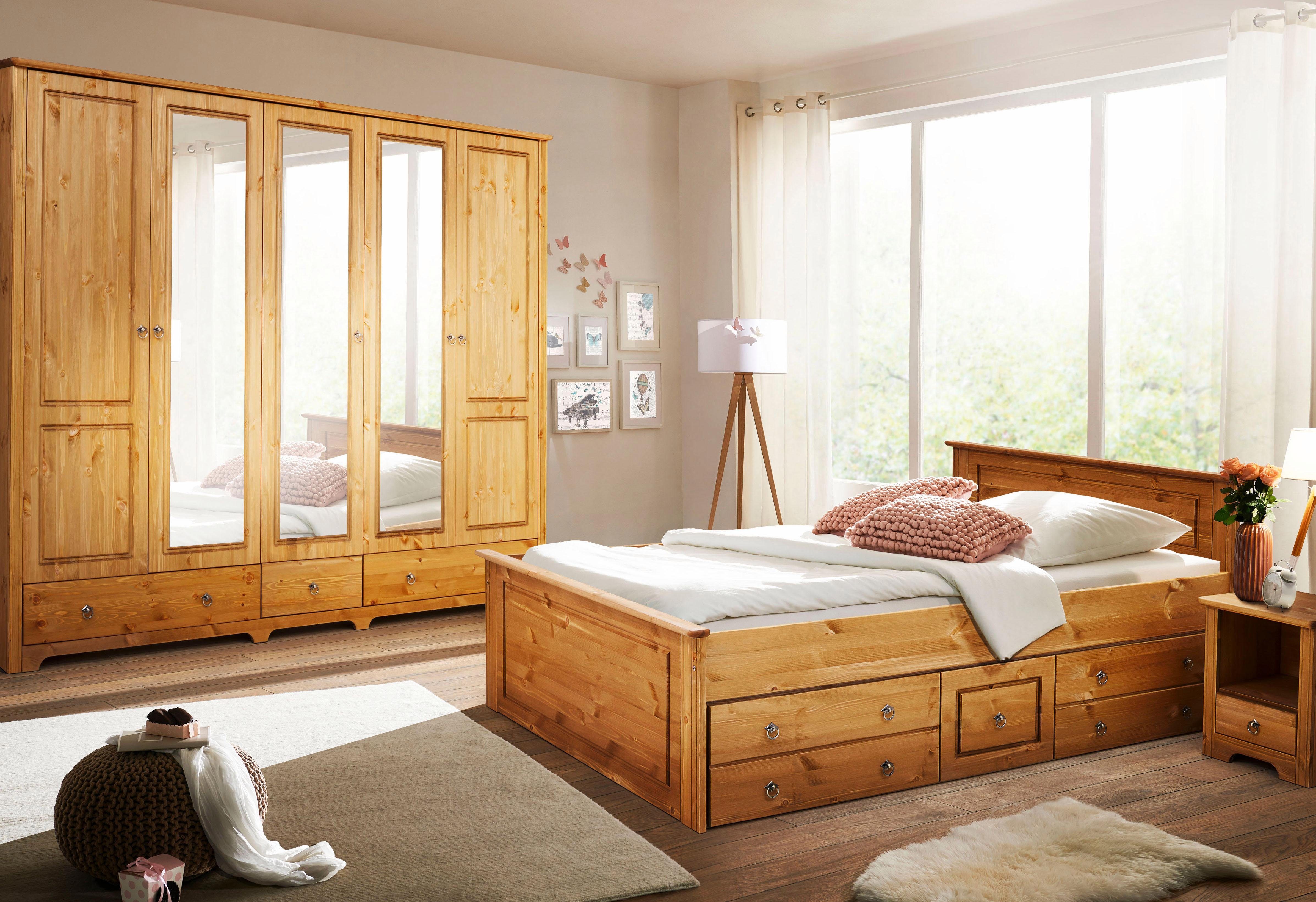 Home affaire Slaapkamerserie Hugo Bed 180 x 200 cm, 5-deurs kledingkast en 2 nachtkastjes (set, 4-delig) garderobekasten beige