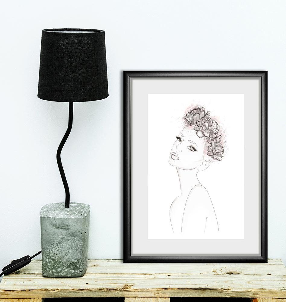 queence Wanddecoratie Schets van een vrouw met bloemenkrans HD premium posterdruk incl. houten lijst