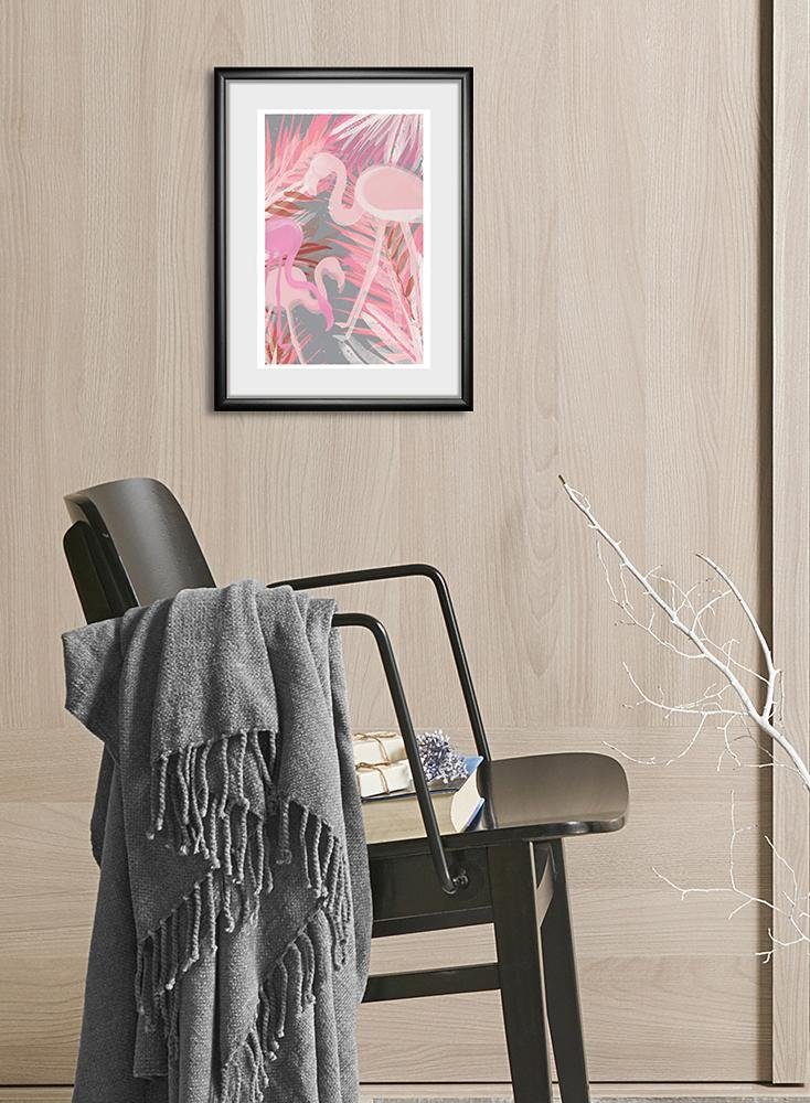 queence Wanddecoratie Flamingo HD premium posterdruk incl. houten lijst