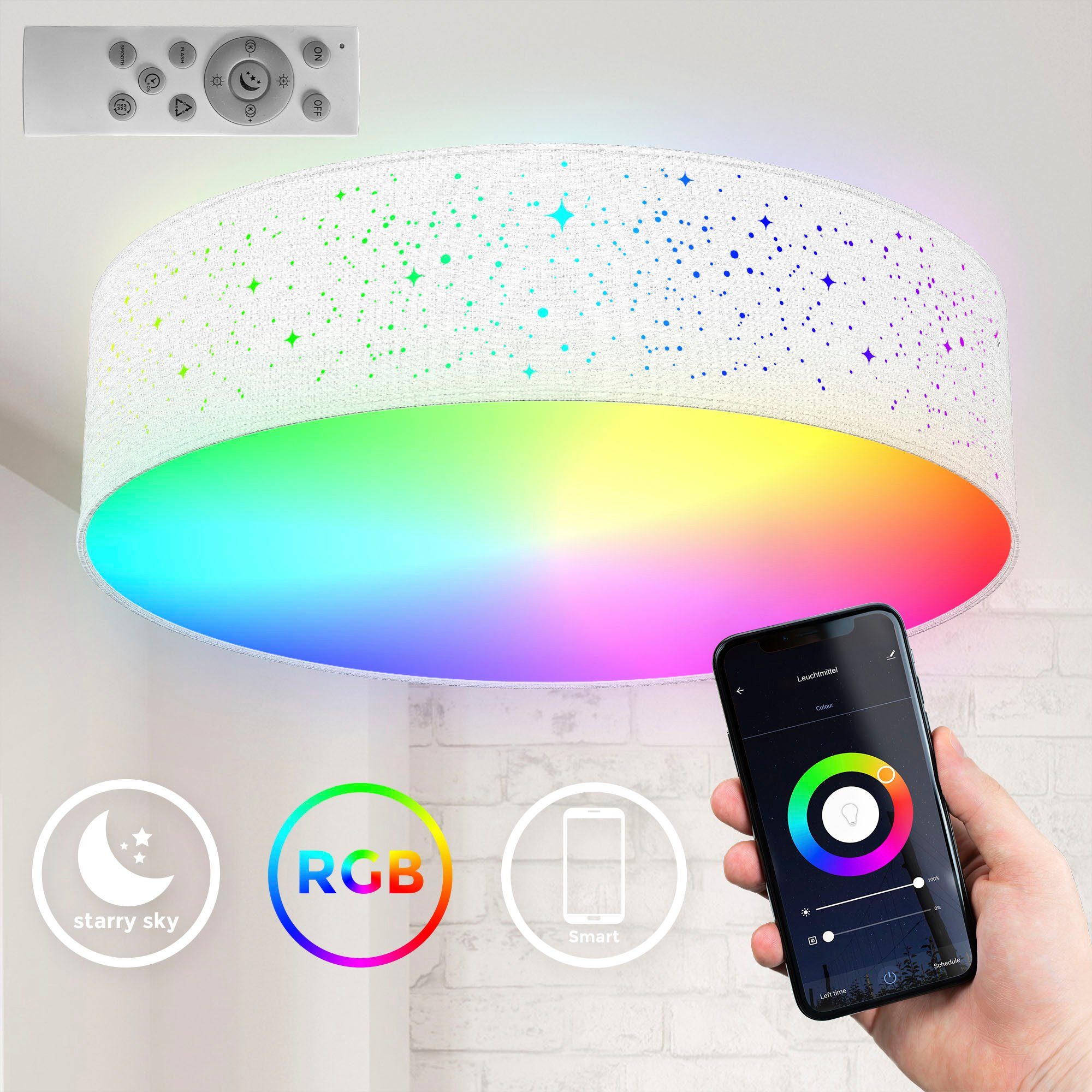 B.K.Licht Led-plafondlamp BK_SD1476 WiFi RGB-CCT plafondlamp, APP bediening, iOS+Andorid incl. afstandsbediening, kleurverandering en lichteffecten, ø 39 cm (1 stuk)